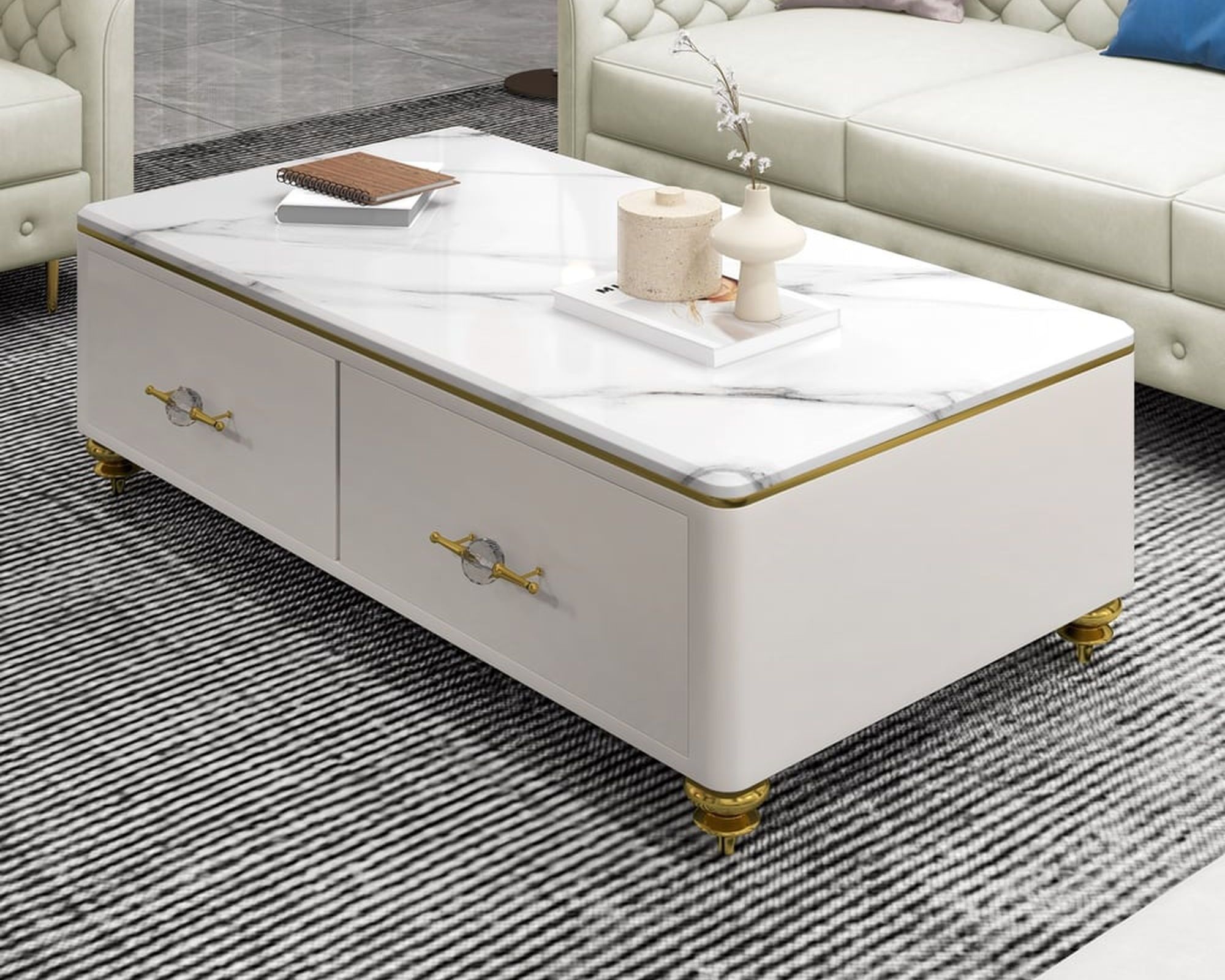 HMR Chift 51" Modern Marble Coffee Table & Storage Drawers Gold Stainless Steel Legs - White