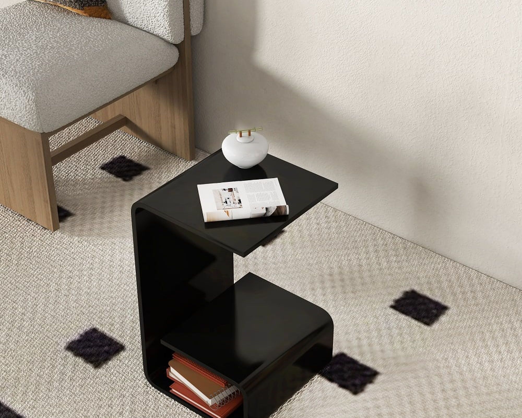 HMR Modern End Table with Storage C-Shaped - Black, Acrylic