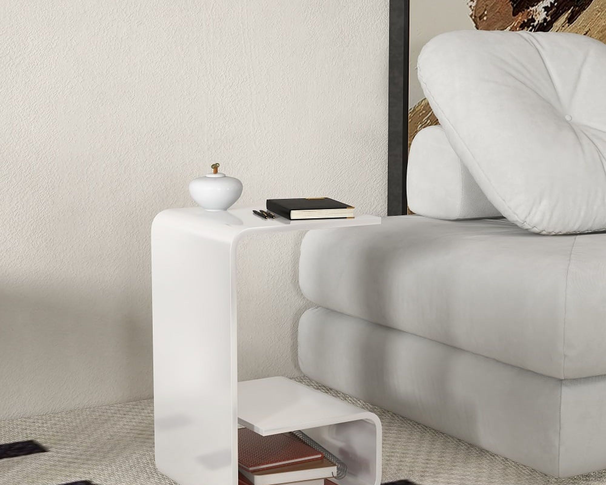 HMR Modern End Table with Storage C-Shaped - White, Acrylic