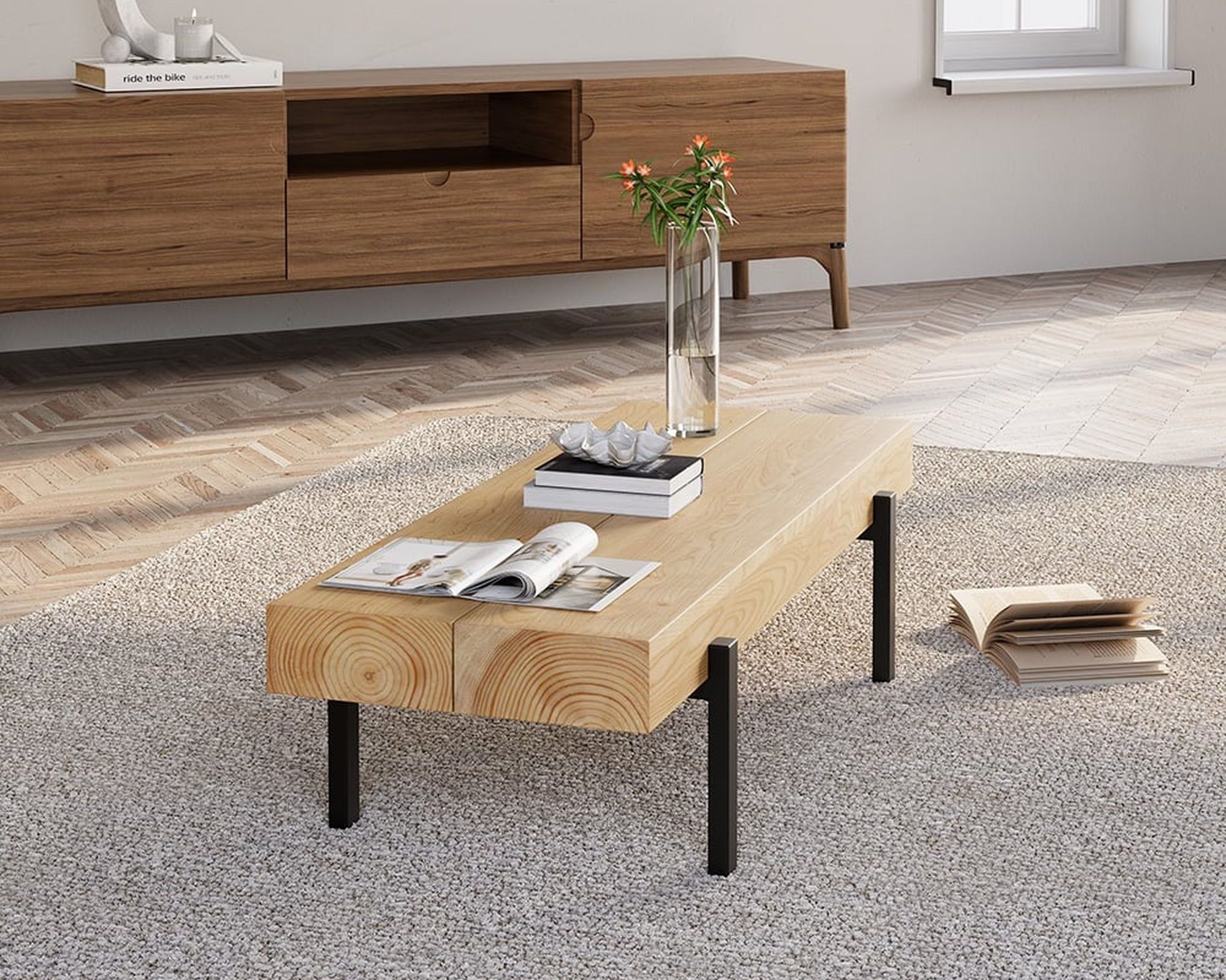 HMR 39" Rustic Rectangular Narrow Coffee Table Wood Top for Small Space - Natural