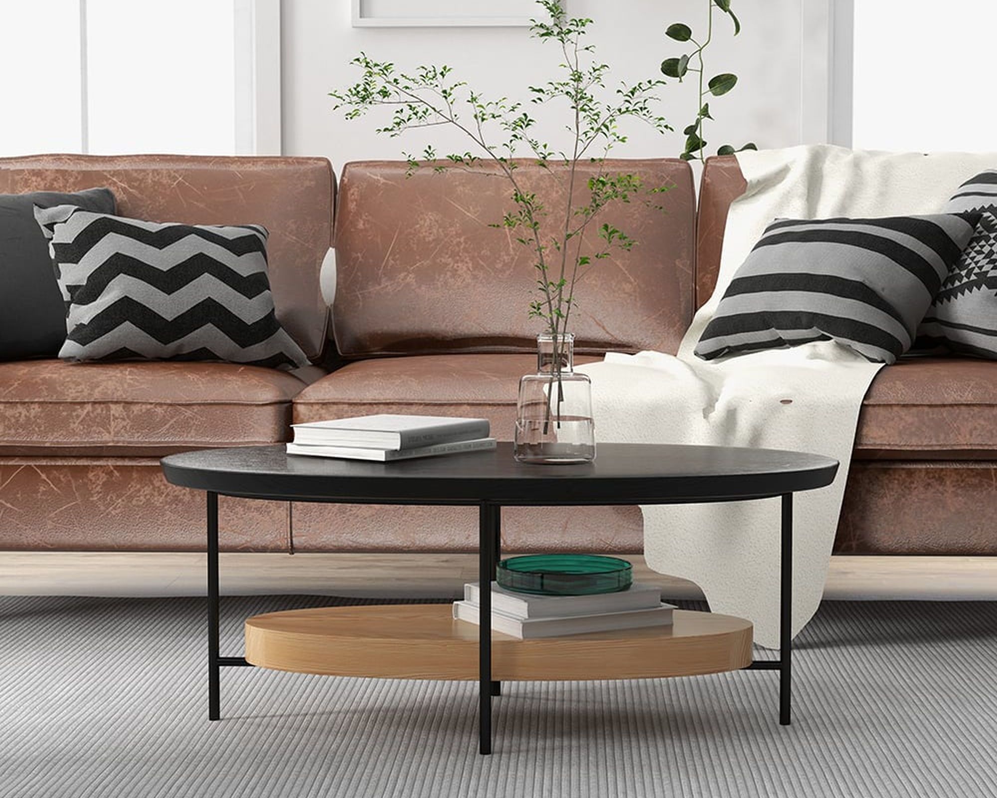 HMR Modern Oval Coffee Table with Storage Shelf - Black/Natural