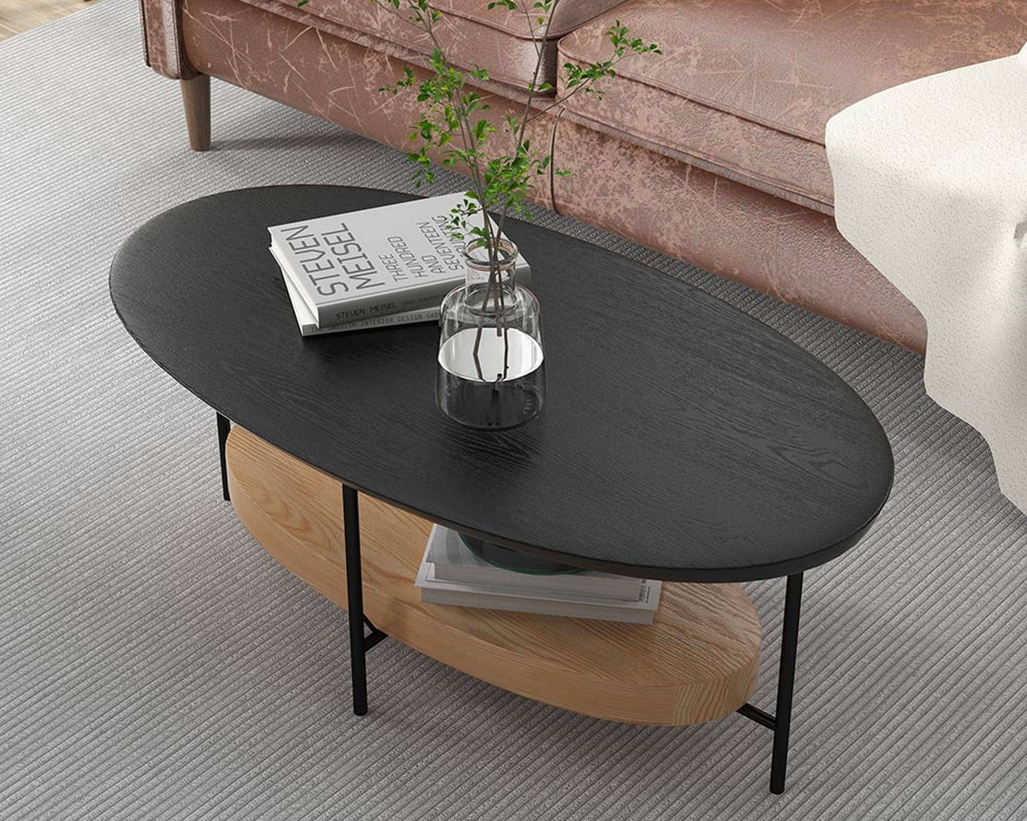 HMR Modern Oval Coffee Table with Storage Shelf - Black/Natural