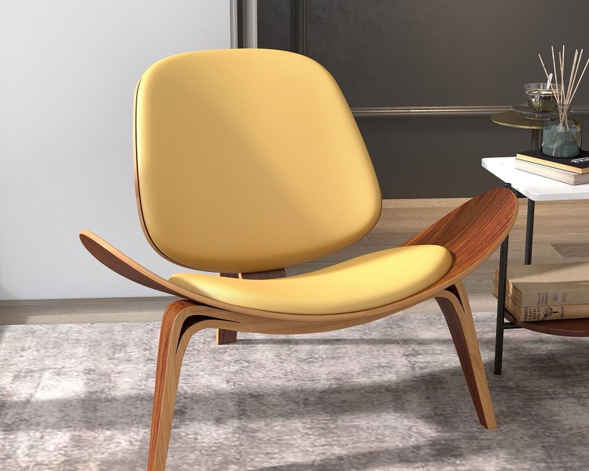 HMR Leather Walnut Tripod Accent Chair - Yellow