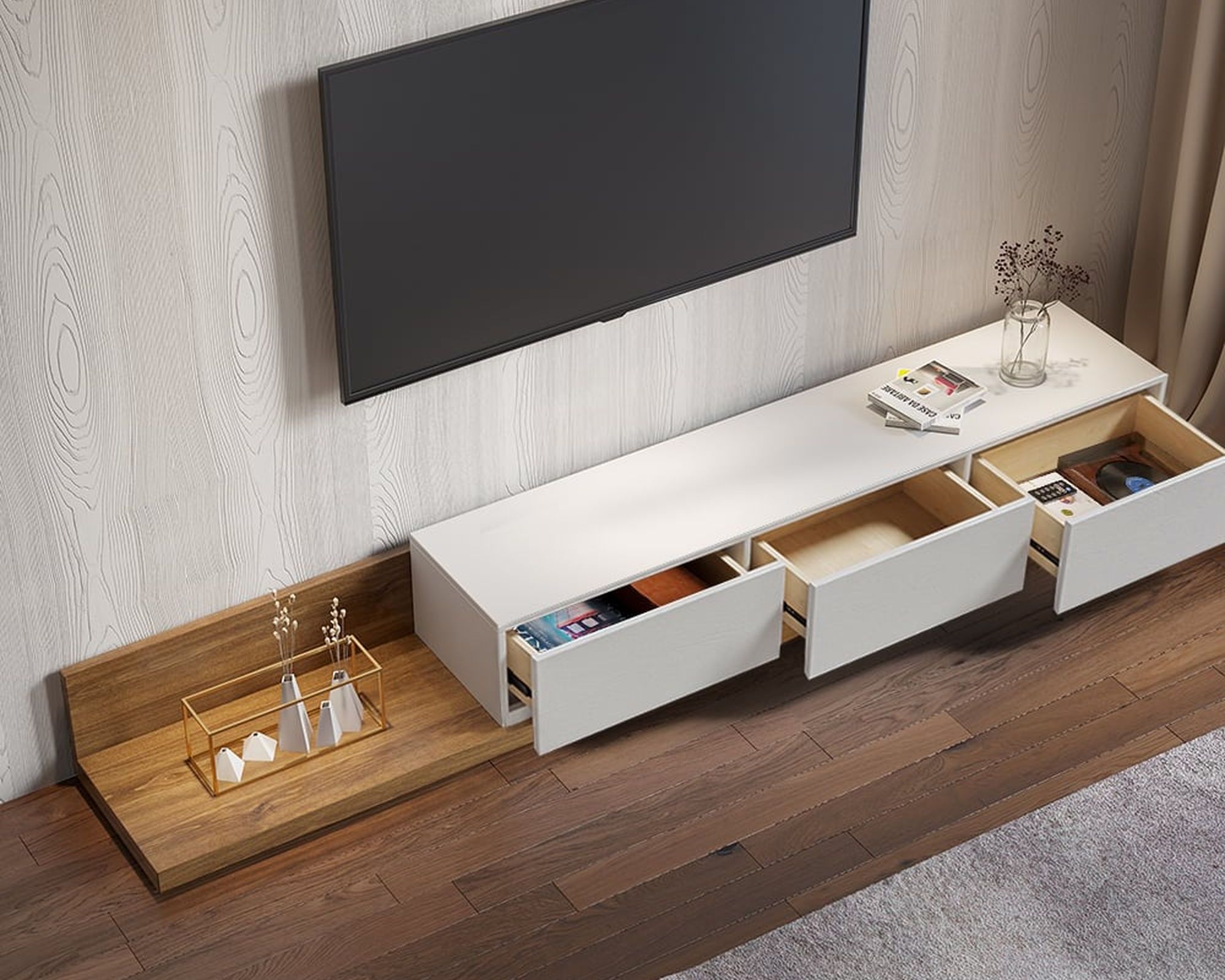 HMR Extendable Floor TV Stand with 3 Drawers (71"-120") - White & Walnut