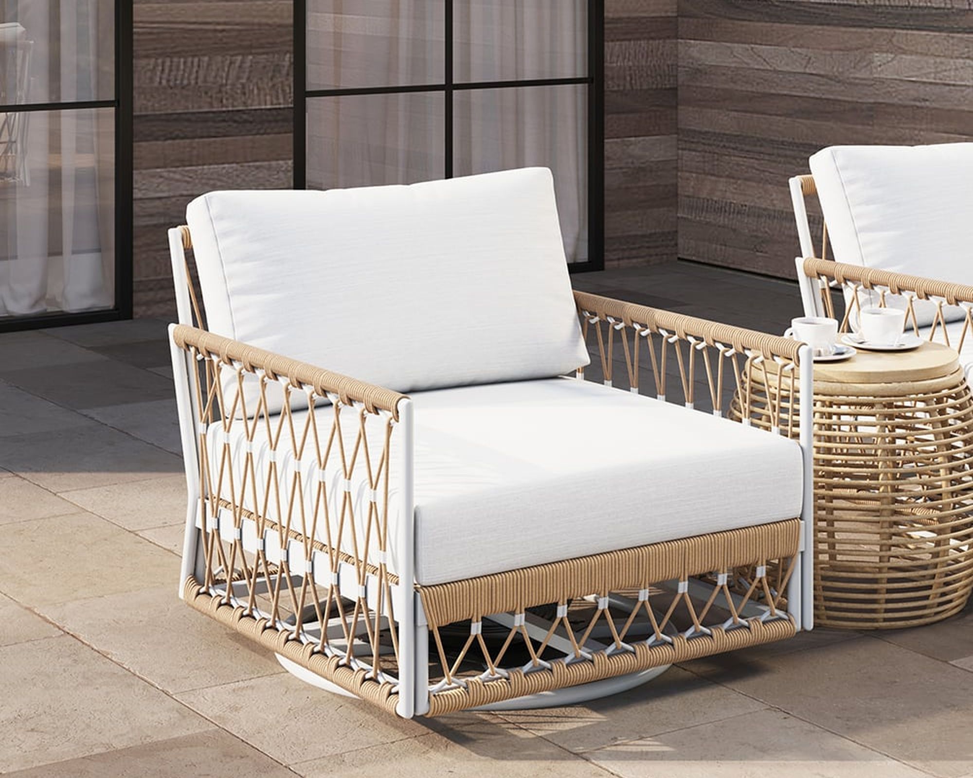 HMR Ropipe Outdoor Chair with Hand Woven Rope - White, Swivel Base