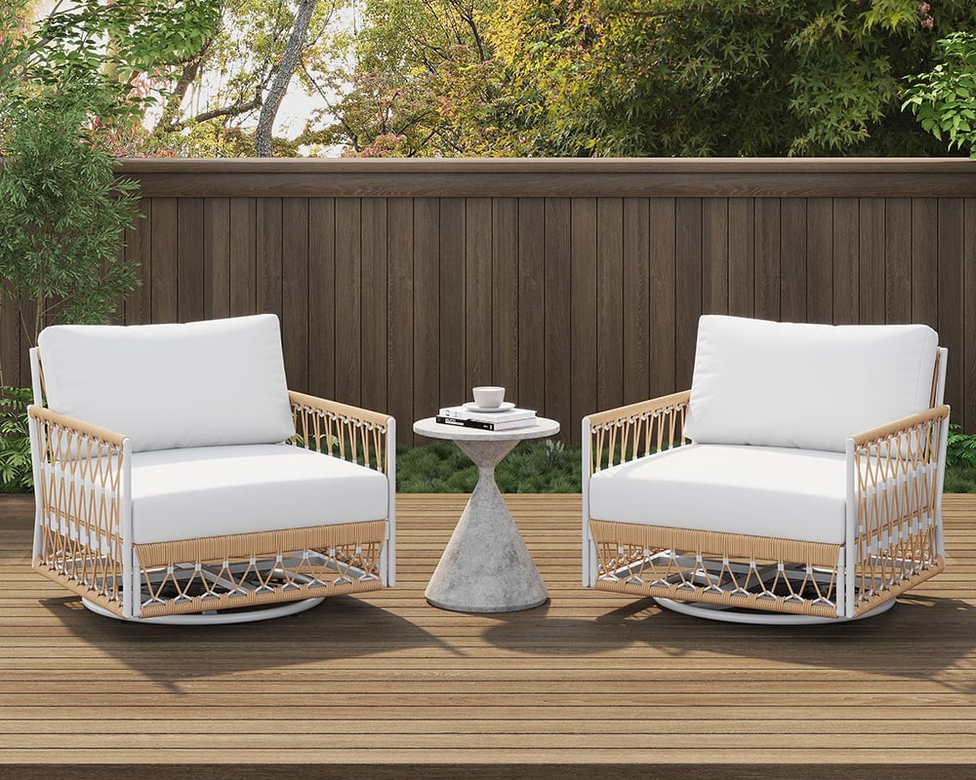 HMR Ropipe Outdoor Chair with Hand Woven Rope - White, Swivel Base