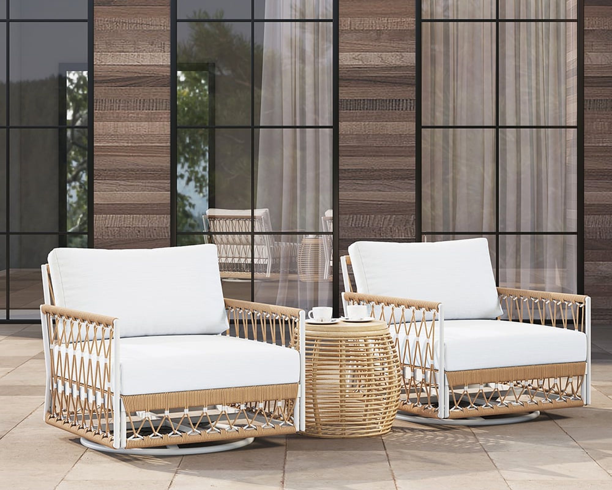 HMR Ropipe Outdoor Chair with Hand Woven Rope - White, Swivel Base