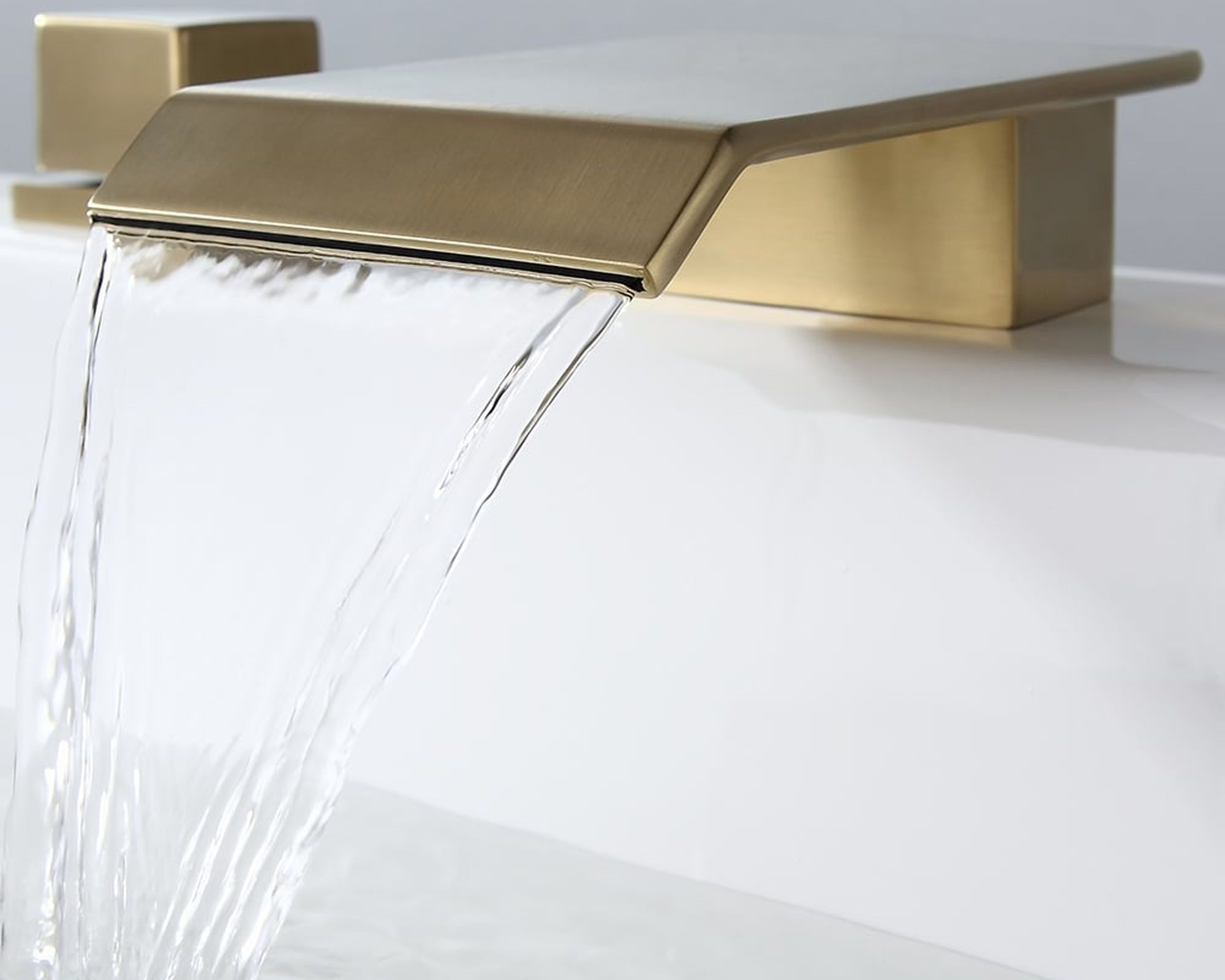 HMR Moda Waterfall Widespread Bathroom Sink Faucet with Square Double Handle - Brushed Gold, Brass