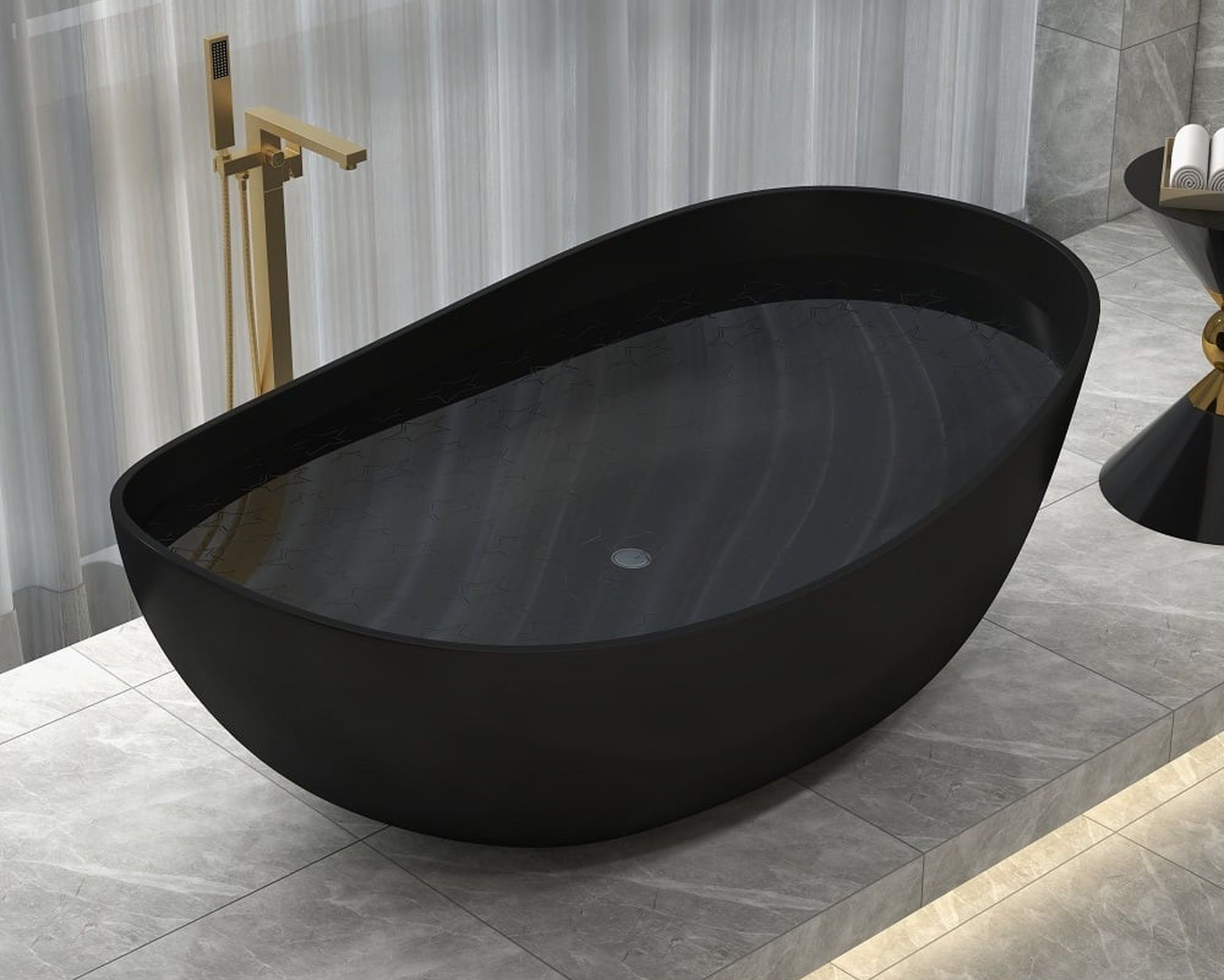 HMR 70" Modern Oval Freestanding Stone Resin Soaking Bathtub - Black