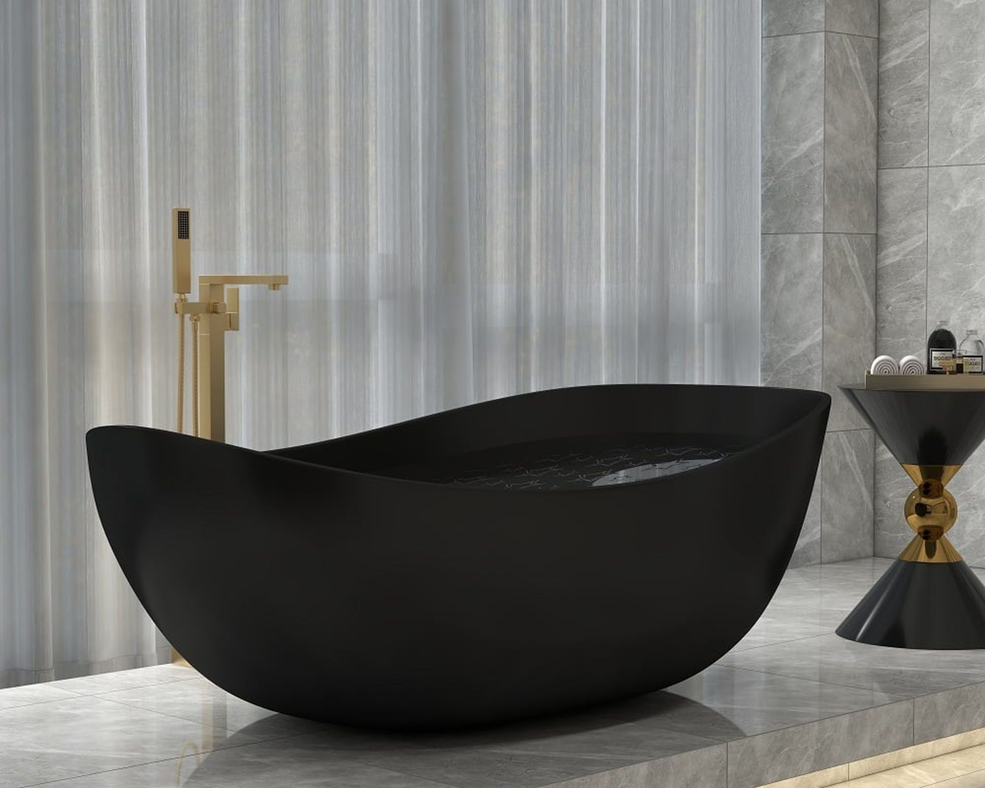 HMR 70" Modern Oval Freestanding Stone Resin Soaking Bathtub - Black