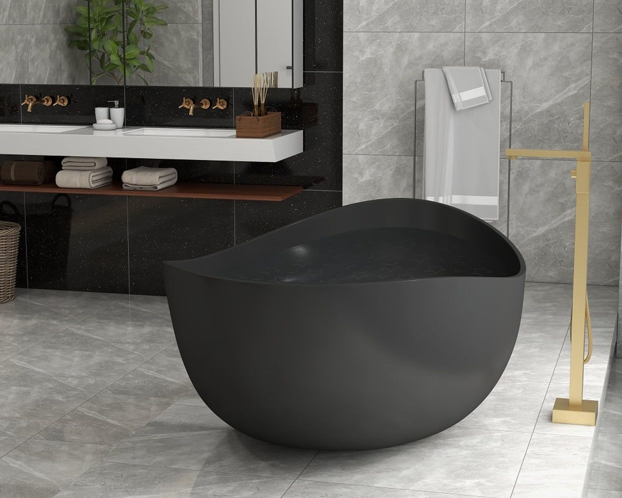 HMR 70" Modern Oval Freestanding Stone Resin Soaking Bathtub - Black