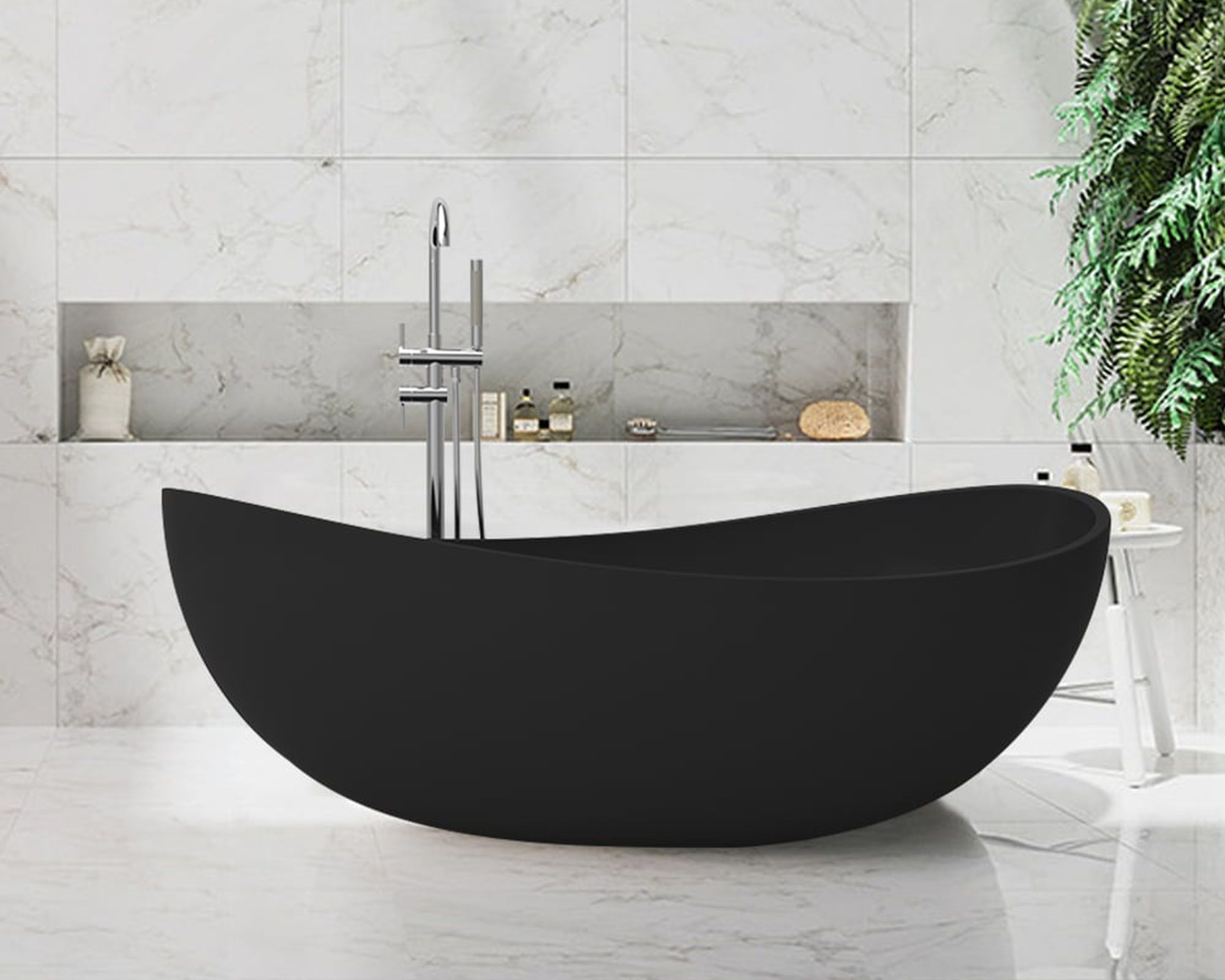 HMR 70" Modern Oval Freestanding Stone Resin Soaking Bathtub - Black