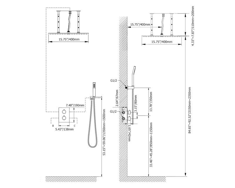 HMR Thermostatic 16" Shower System with Handheld Shower