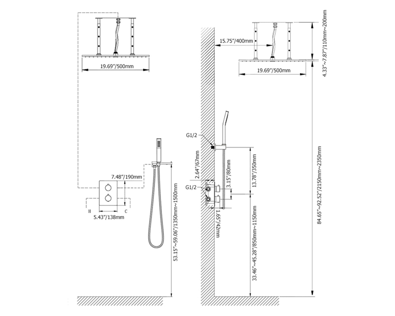 HMR Thermostatic 20" Shower System with Handheld Shower - Matte Black