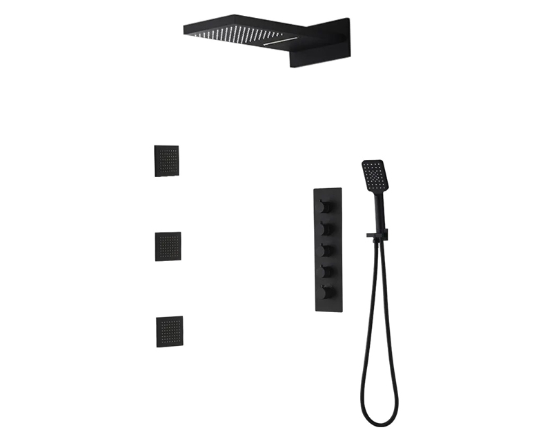 HMR Wall Mounted Waterfall Rain Standard Shower System with 3 Body Sprays - Matte Black