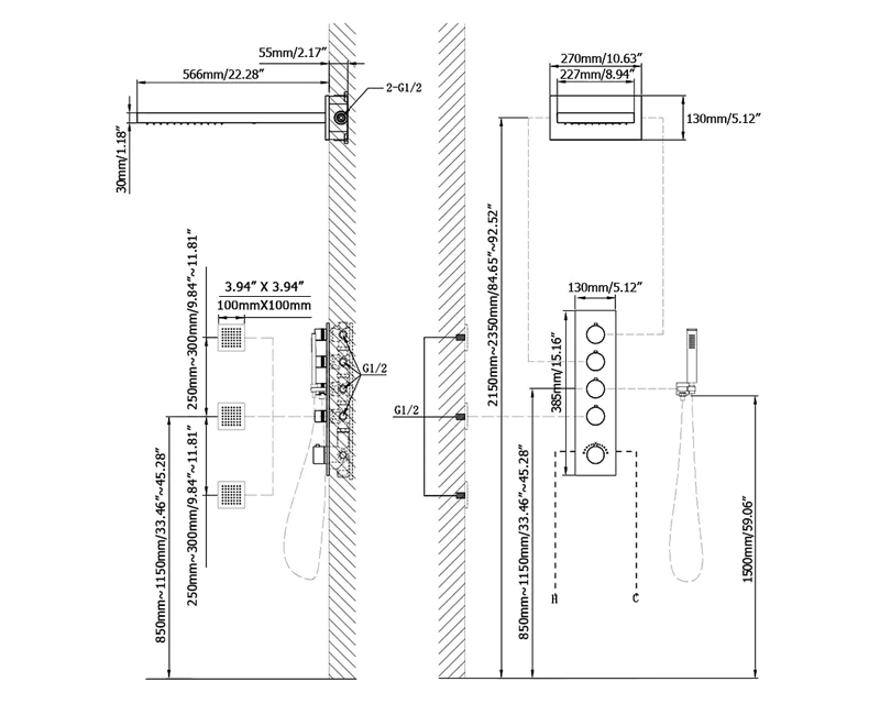 HMR Wall Mounted Waterfall Rain Standard Shower System with 3 Body Sprays - Matte Black