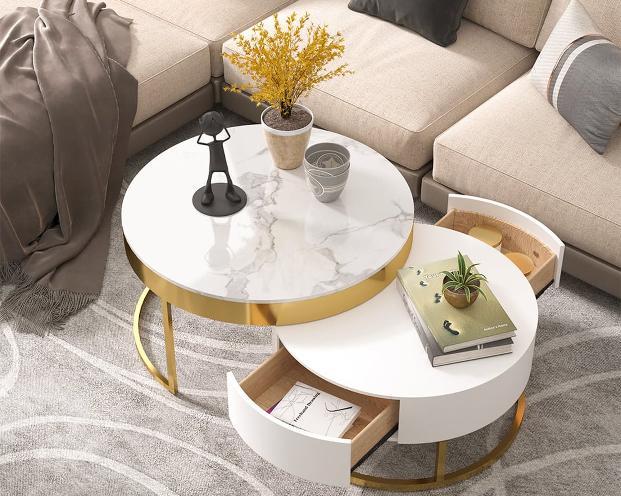 HMR Nesnesis Series Modern Round Nesting Coffee Table with Drawers - White