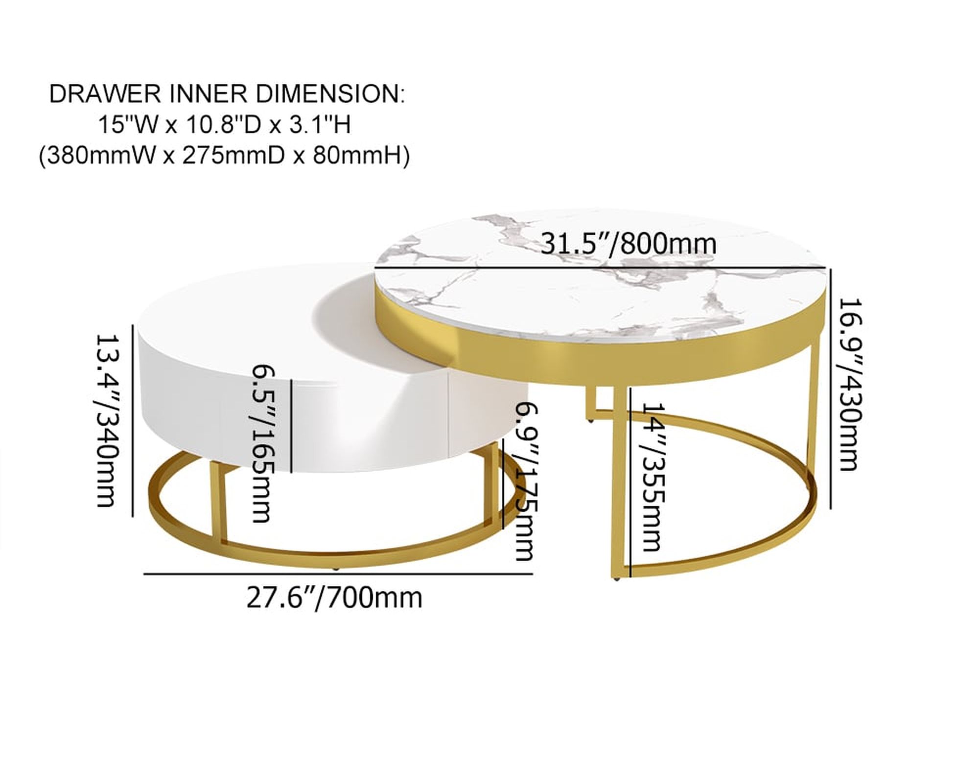 HMR Nesnesis Series Modern Round Nesting Coffee Table with Drawers - White