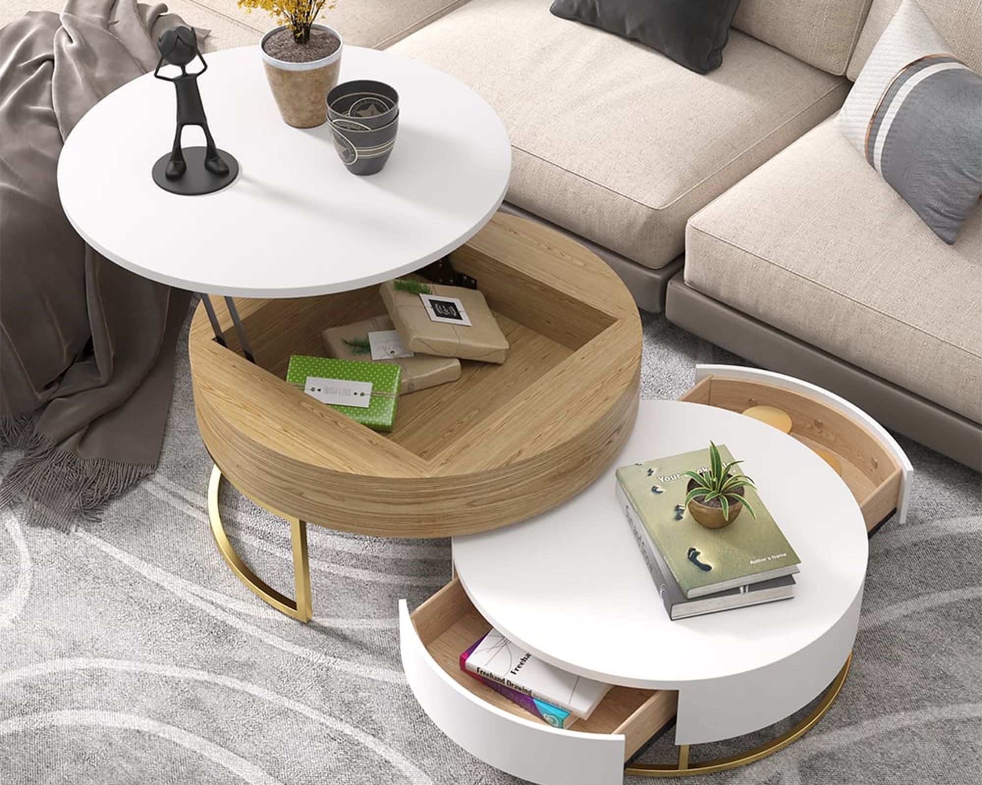 HMR Nesnesis Series Modern Round Nesting Coffee Table with 2 Drawers - White/Natural