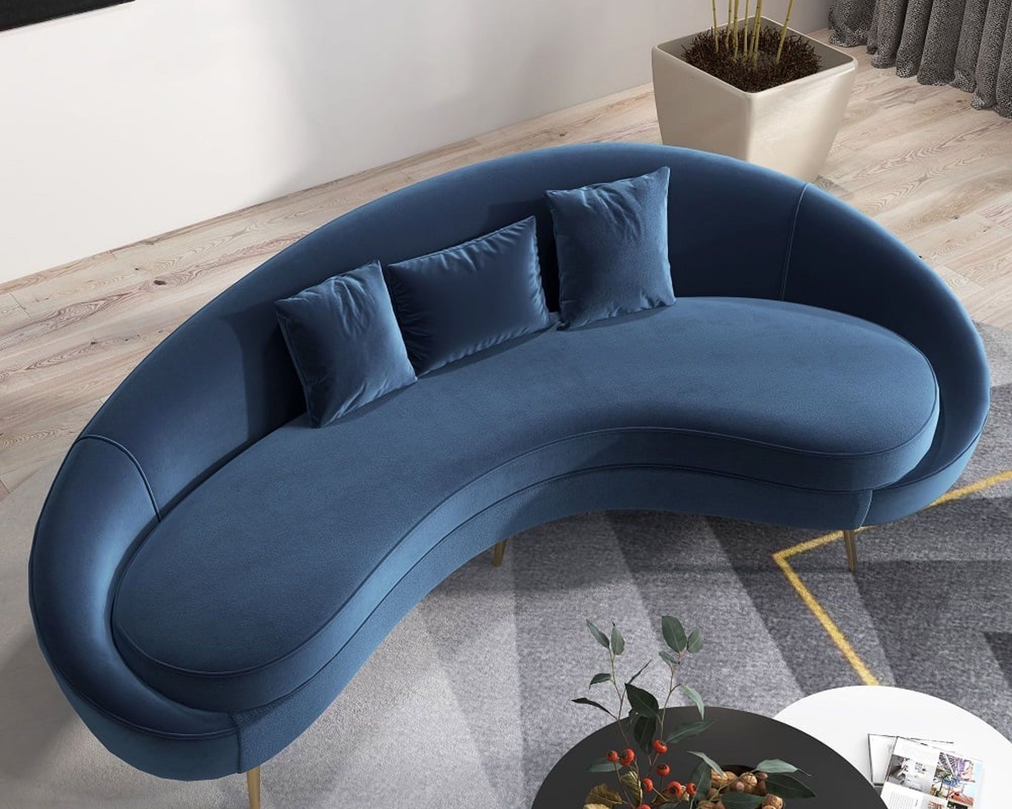 HMR Modern 95" Curved Sofa with Velvet Upholstery and Toss Pillow - Blue