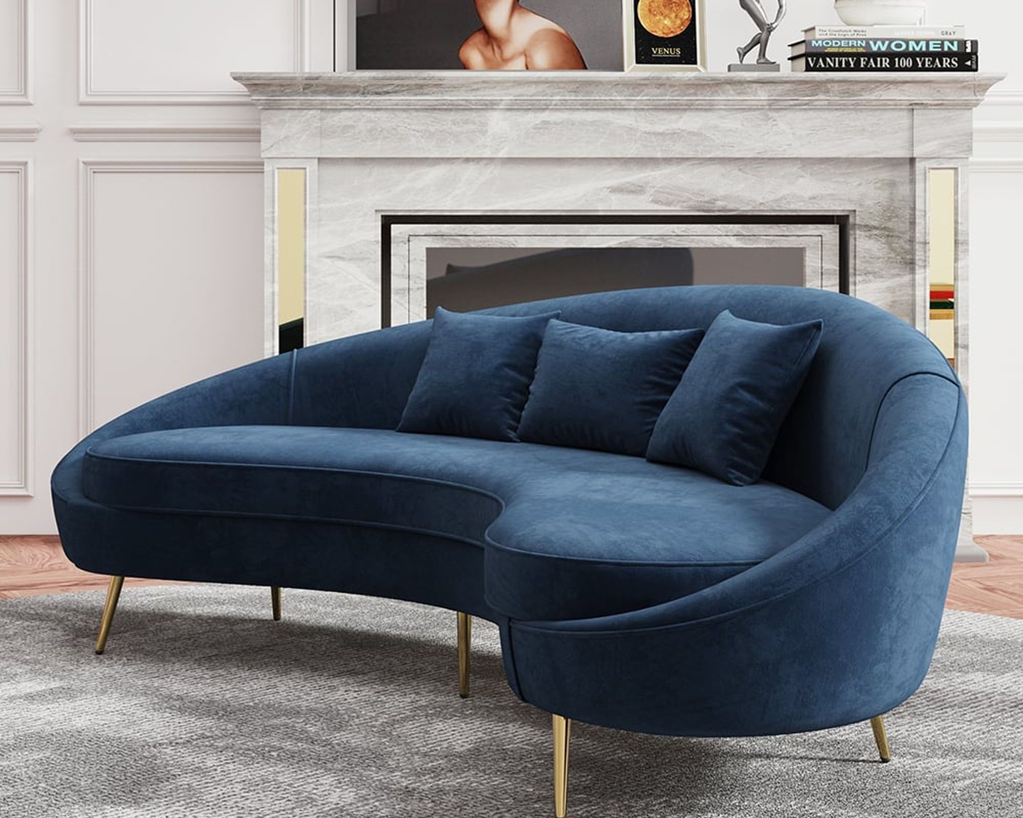 HMR Modern 95" Curved Sofa with Velvet Upholstery and Toss Pillow - Blue