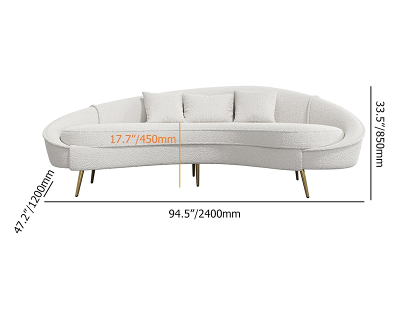 HMR Modern 95" Curved Sofa with Boucle Upholstery and Toss Pillow - White