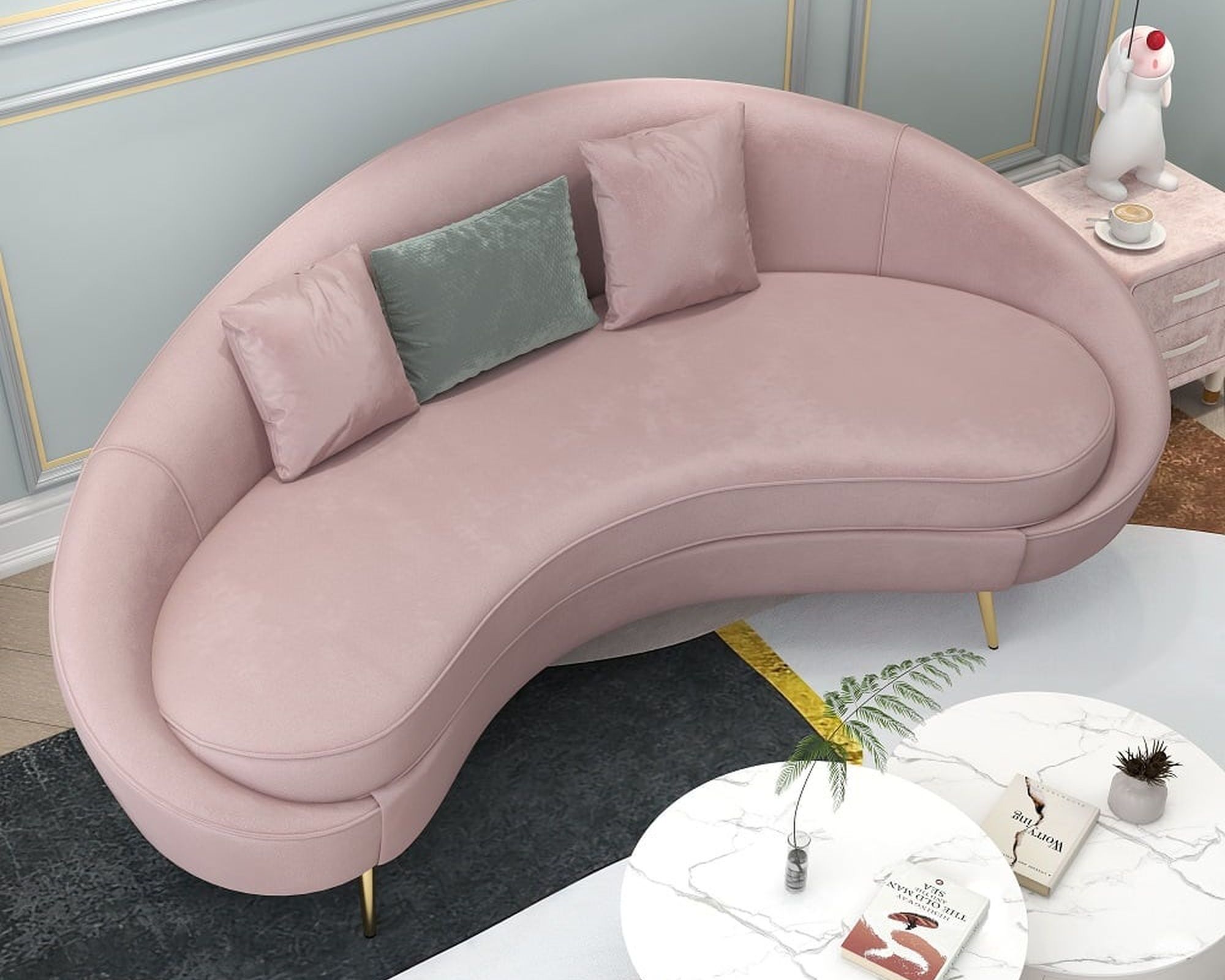 HMR Modern 83" Curved Sofa with Velvet Upholstery and Toss Pillow - Pink