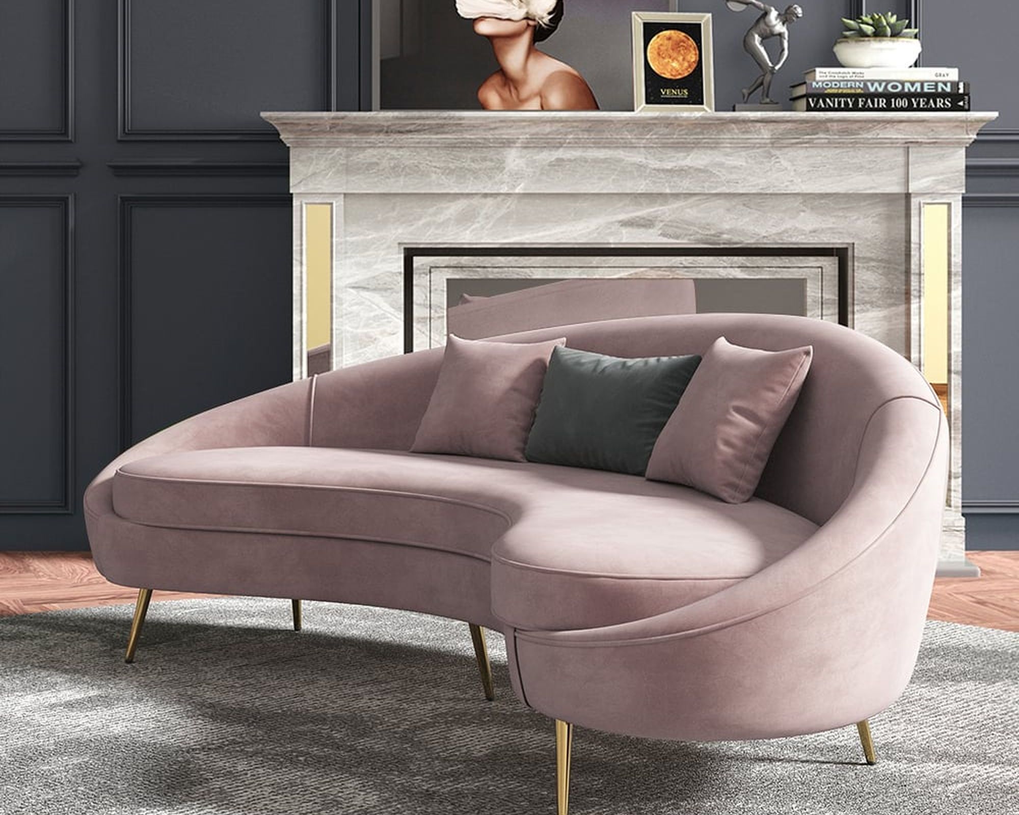 HMR Modern 83" Curved Sofa with Velvet Upholstery and Toss Pillow - Pink