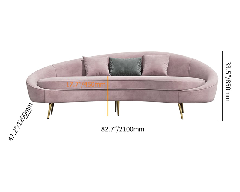 HMR Modern 83" Curved Sofa with Velvet Upholstery and Toss Pillow - Pink