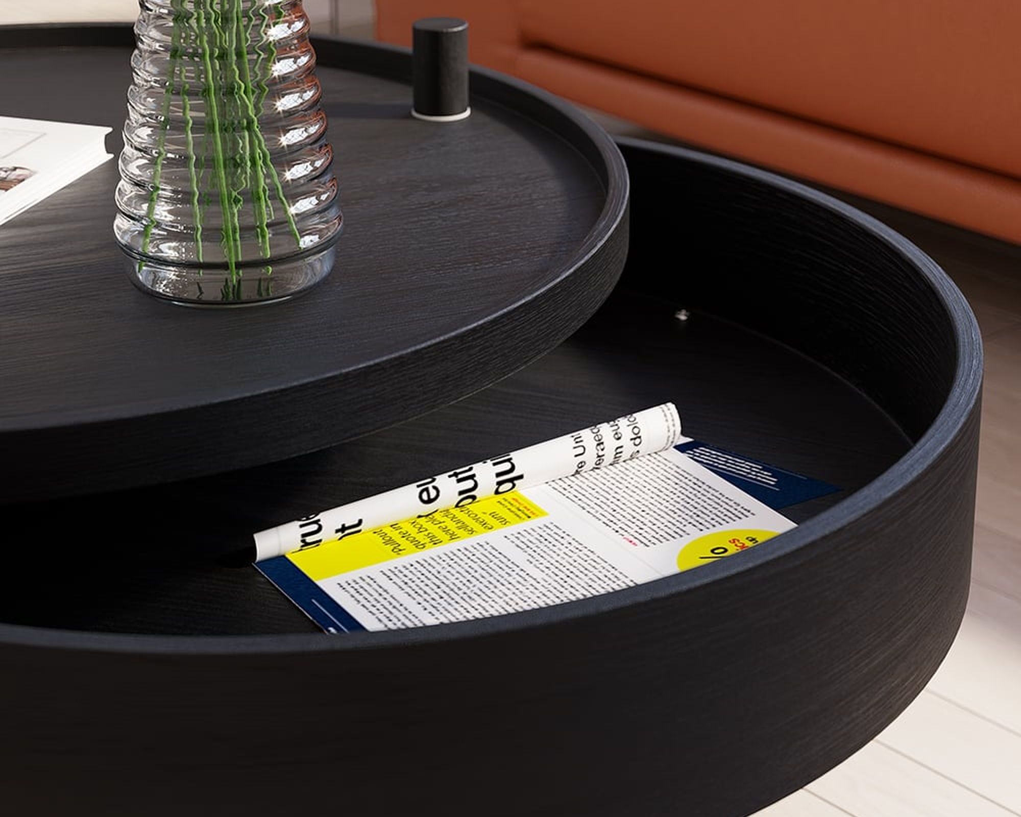 HMR Modern Round Wood Rotating Tray Coffee Table with Storage & Metal Legs - Black