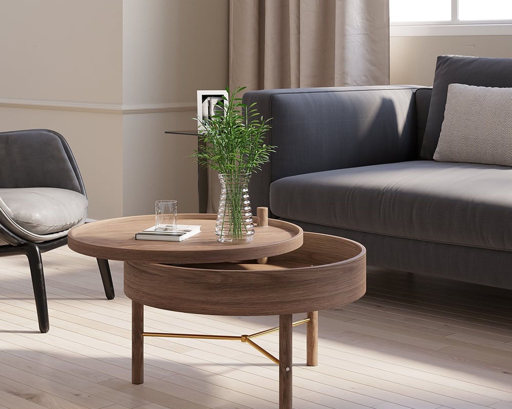 HMR Modern Round Wood Rotating Tray Coffee Table with Storage & Metal Legs - Walnut