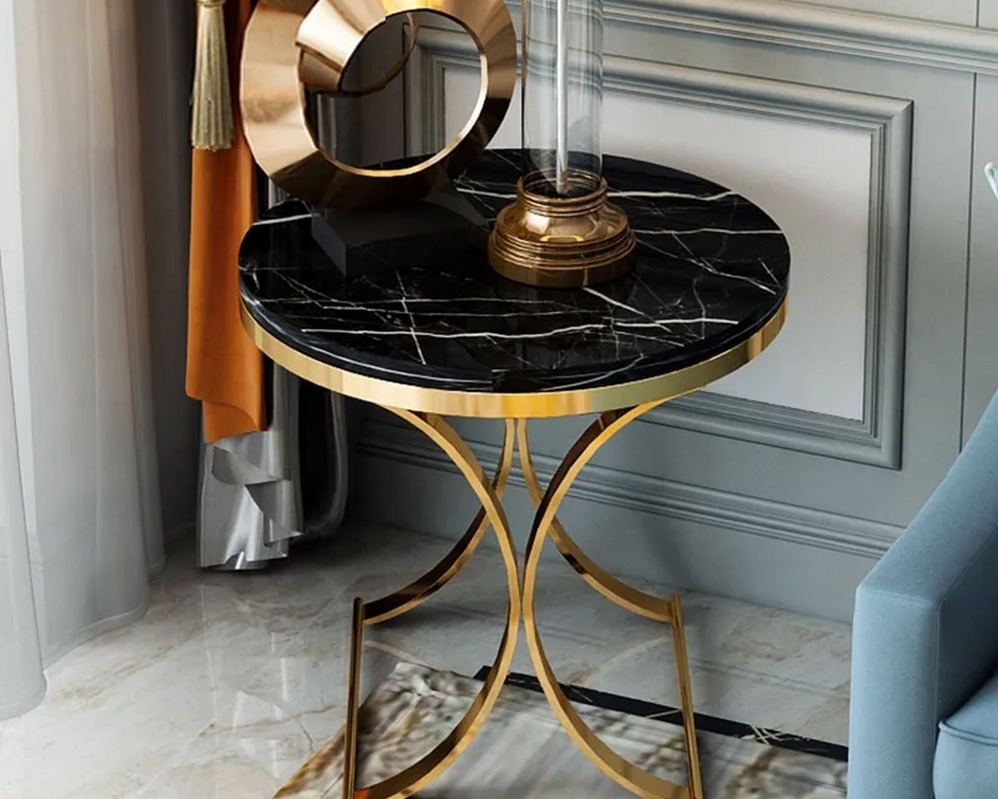 HMR Modern Luxurious Round Side Table - Black/Gold, Marble