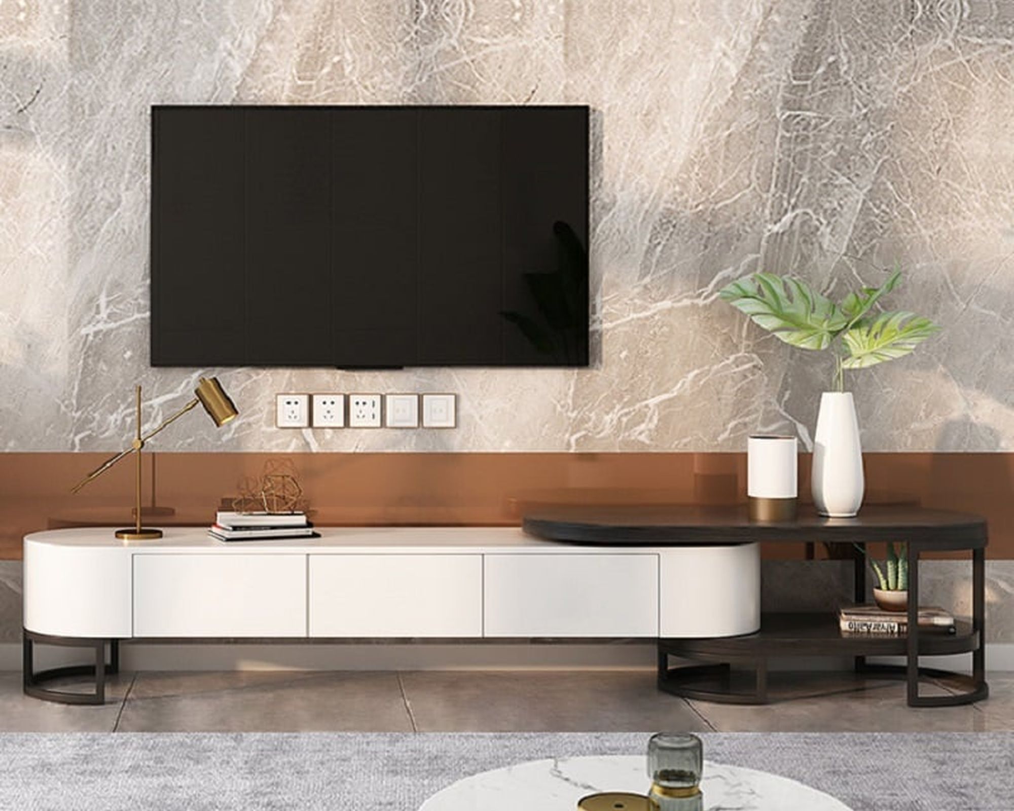 HMR Nesnesis Series Modern Extending TV Stand with Storage - White/Black