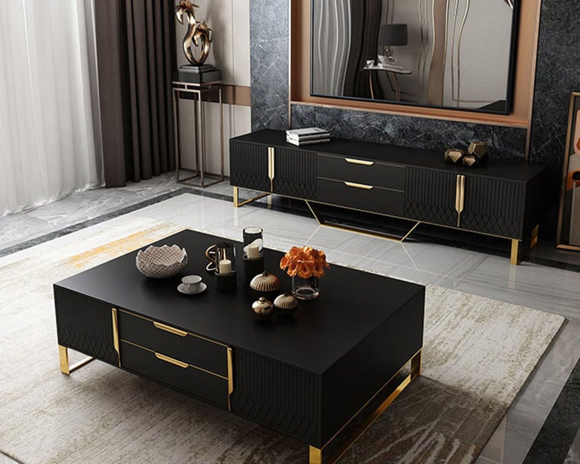 HMR Aro Modern Rectangular Coffee Table with Storage - Black/Gold