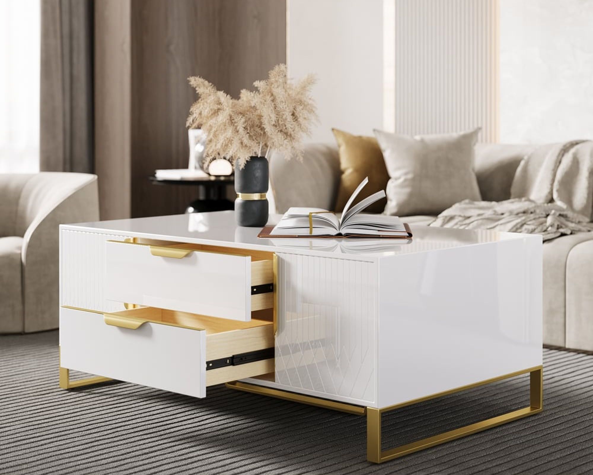 HMR Aro Modern Rectangular Coffee Table with Storage - White/Gold