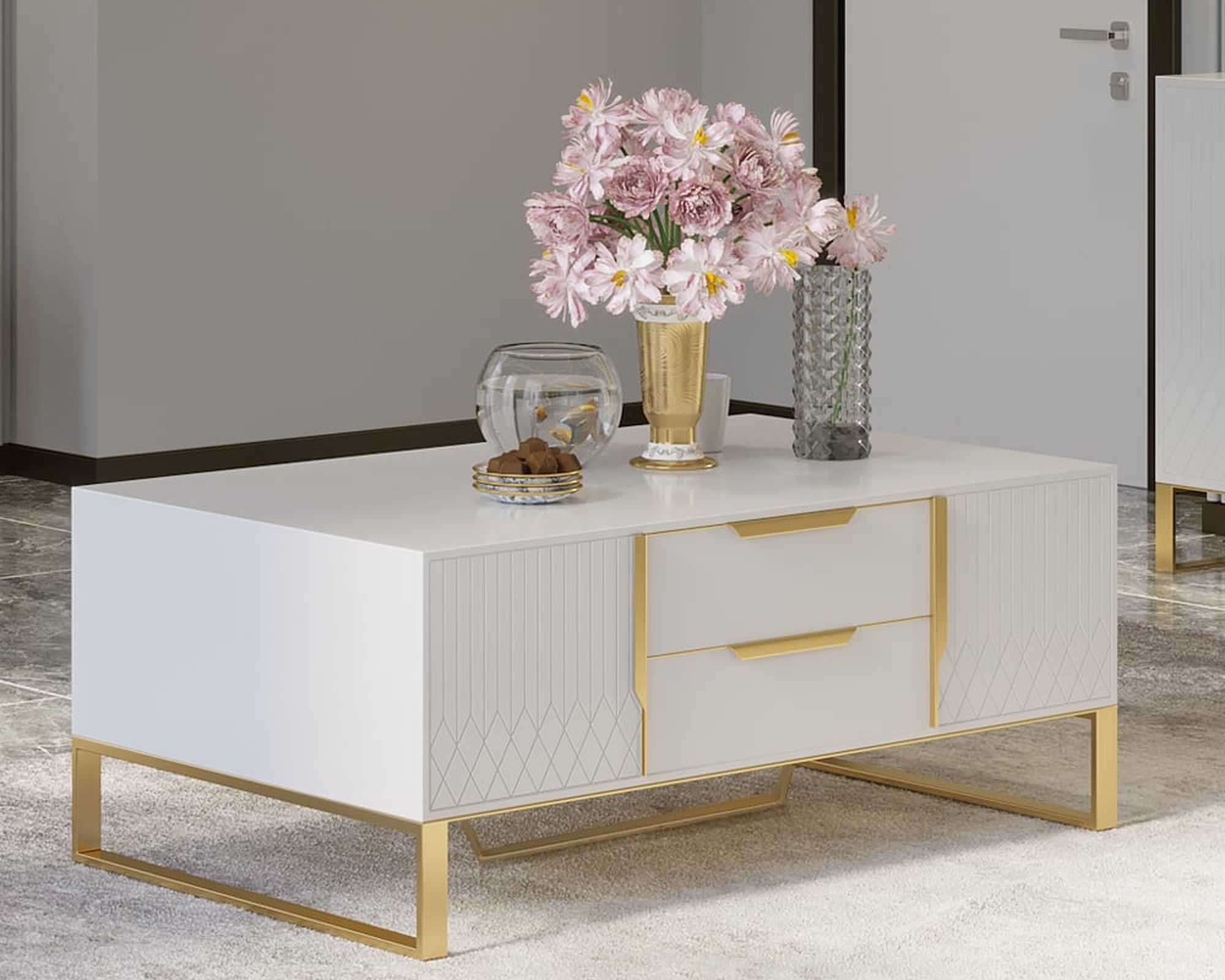 HMR Aro Modern Rectangular Coffee Table with Storage - White/Gold