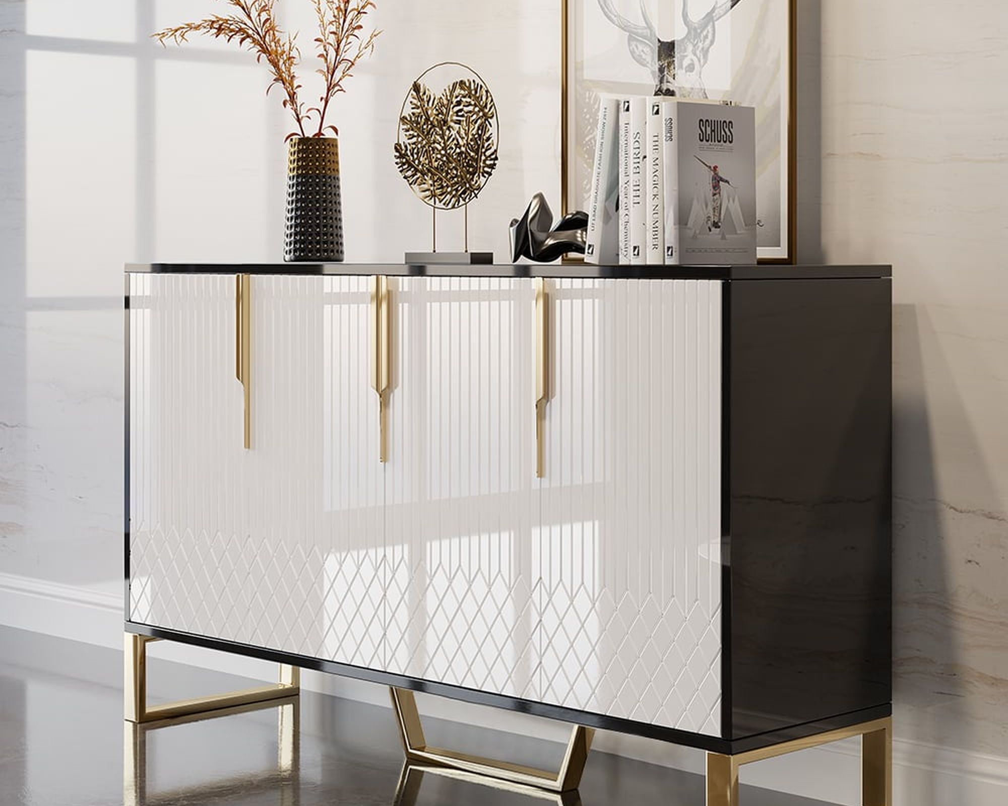 HMR Aro Series Modern 59.1" Affordable Sideboard with Storage - White/Black