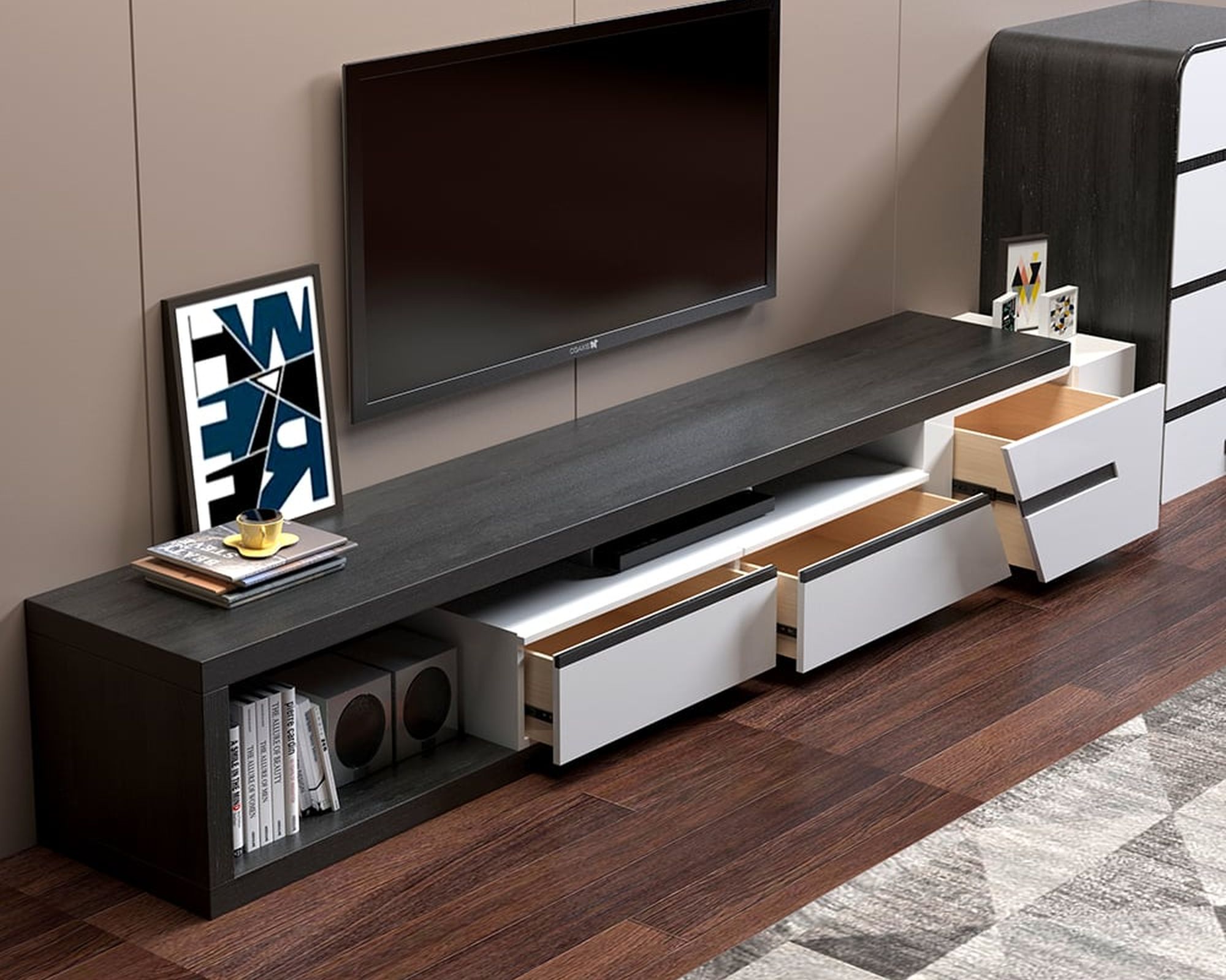 HMR Pinkle Series Modern Extendable TV Stand - White/Black