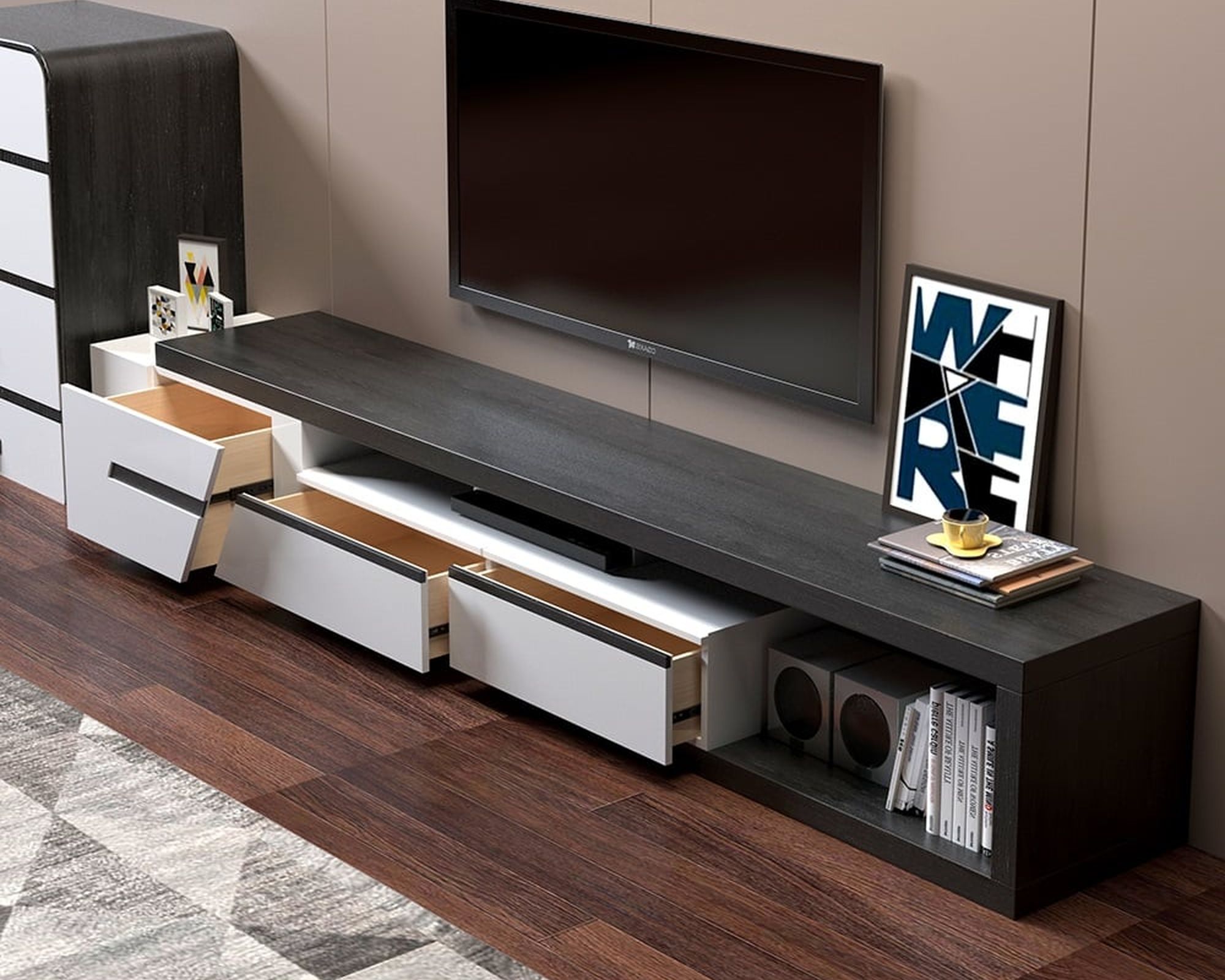 HMR Pinkle Series Modern Extendable TV Stand - White/Black