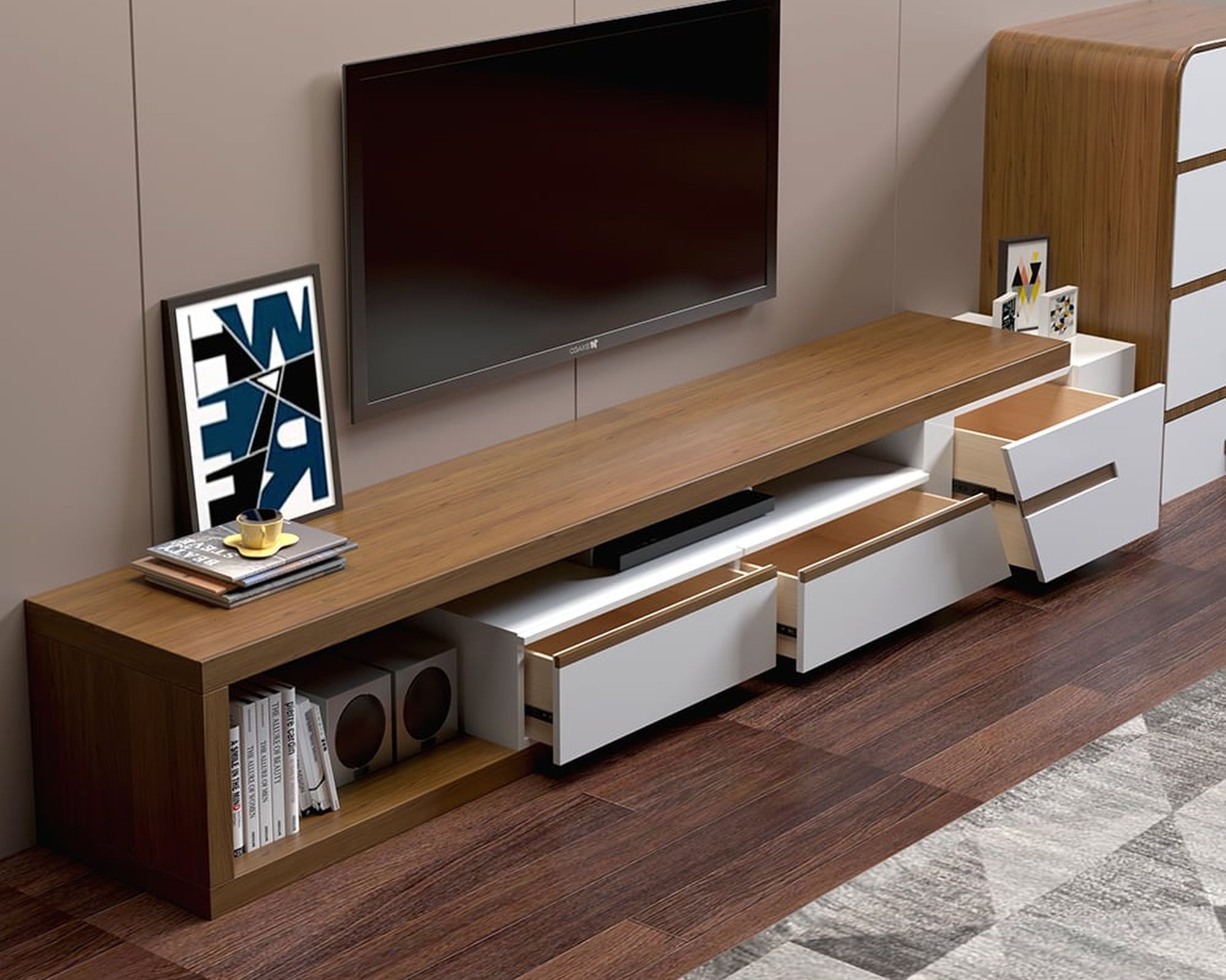 HMR Pinkle Series Modern Extendable TV Stand - White/Walnut