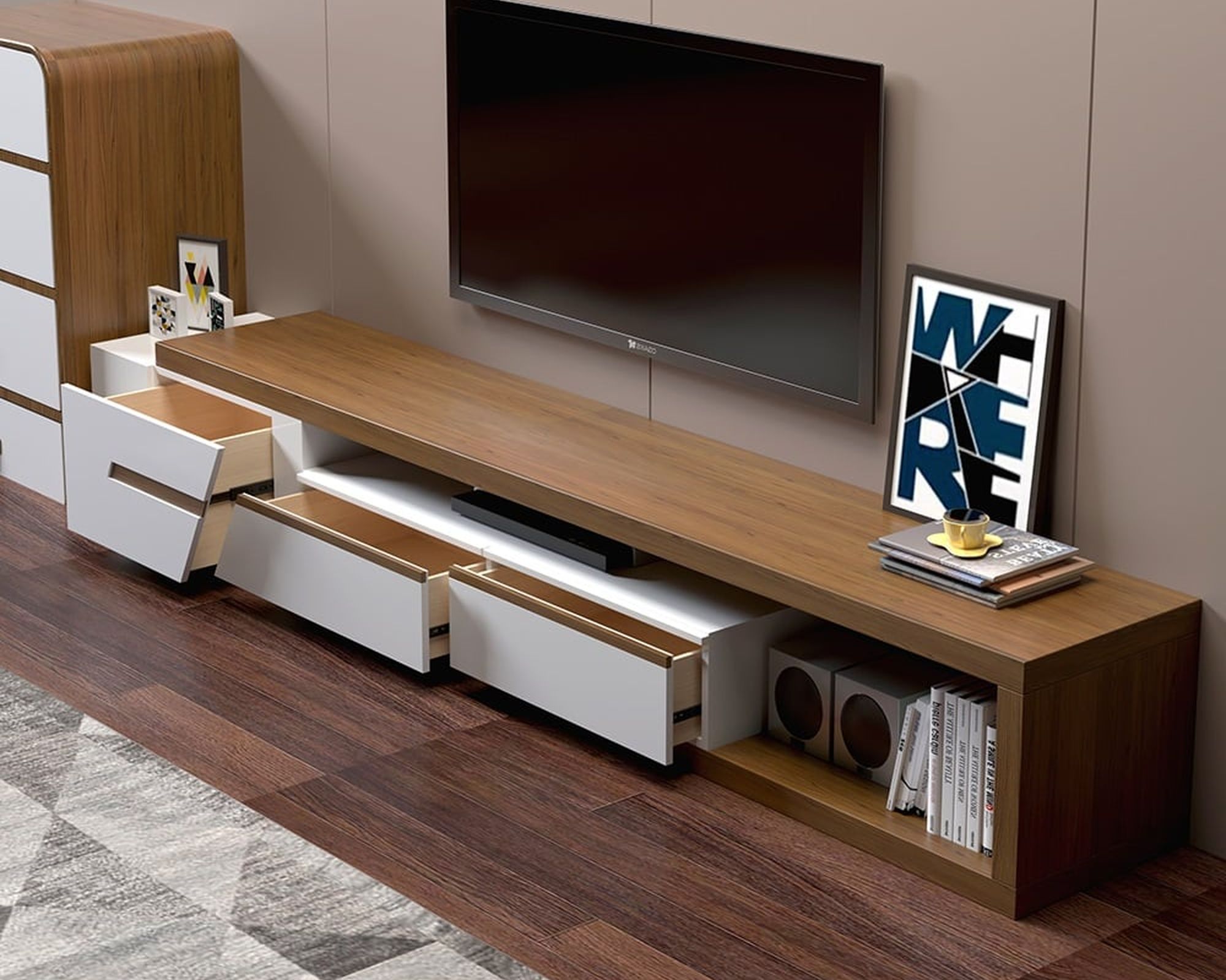 HMR Pinkle Series Modern Extendable TV Stand - White/Walnut