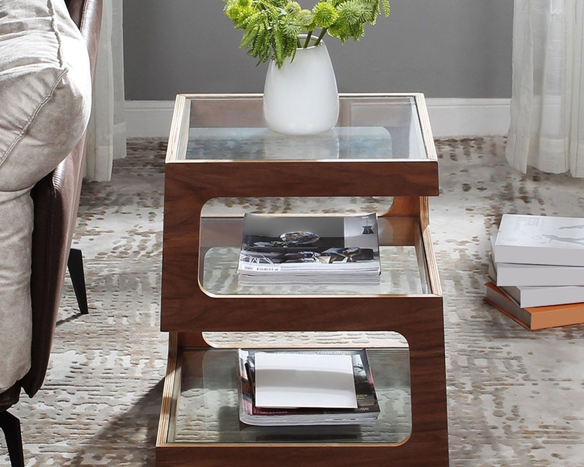 HMR Modern Glass End Table with 3 Tiers - Walnut