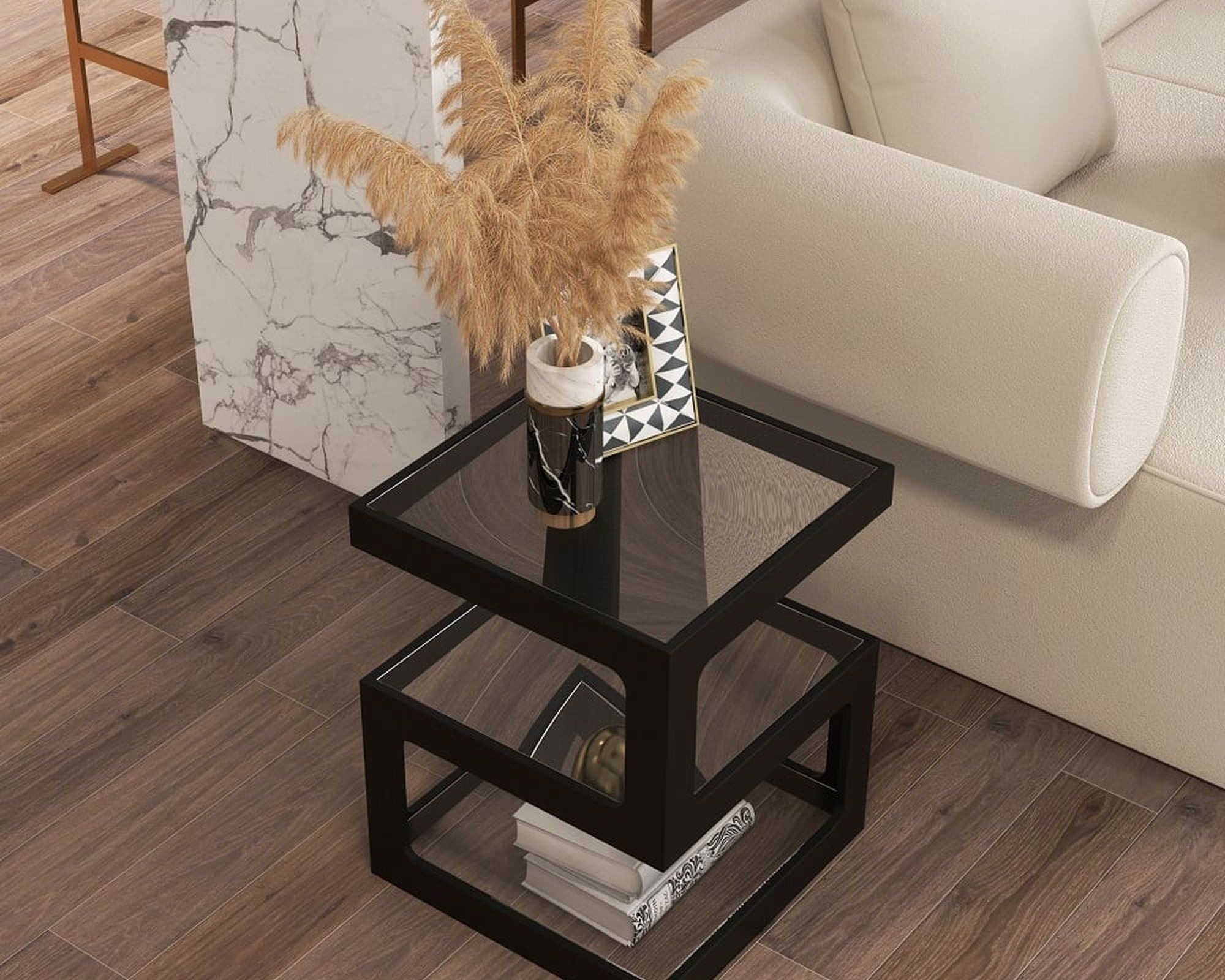 HMR Modern Glass End Table with 3 Tiers - Black