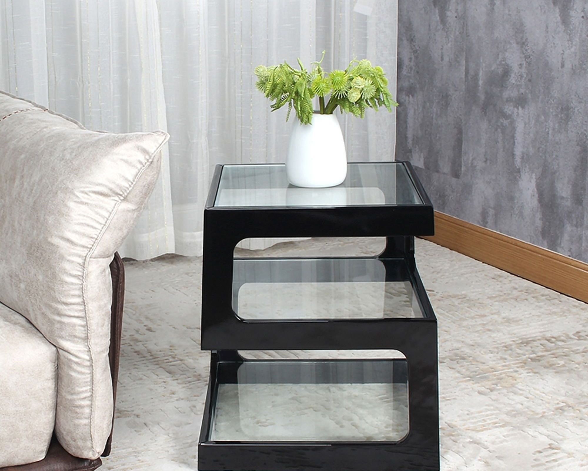 HMR Modern Glass End Table with 3 Tiers - Black