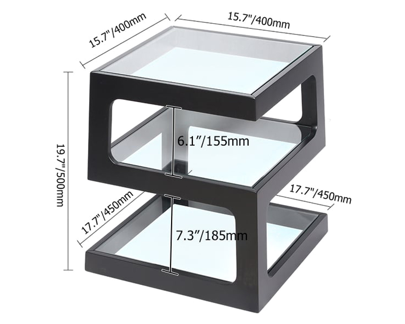 HMR Modern Glass End Table with 3 Tiers - Black