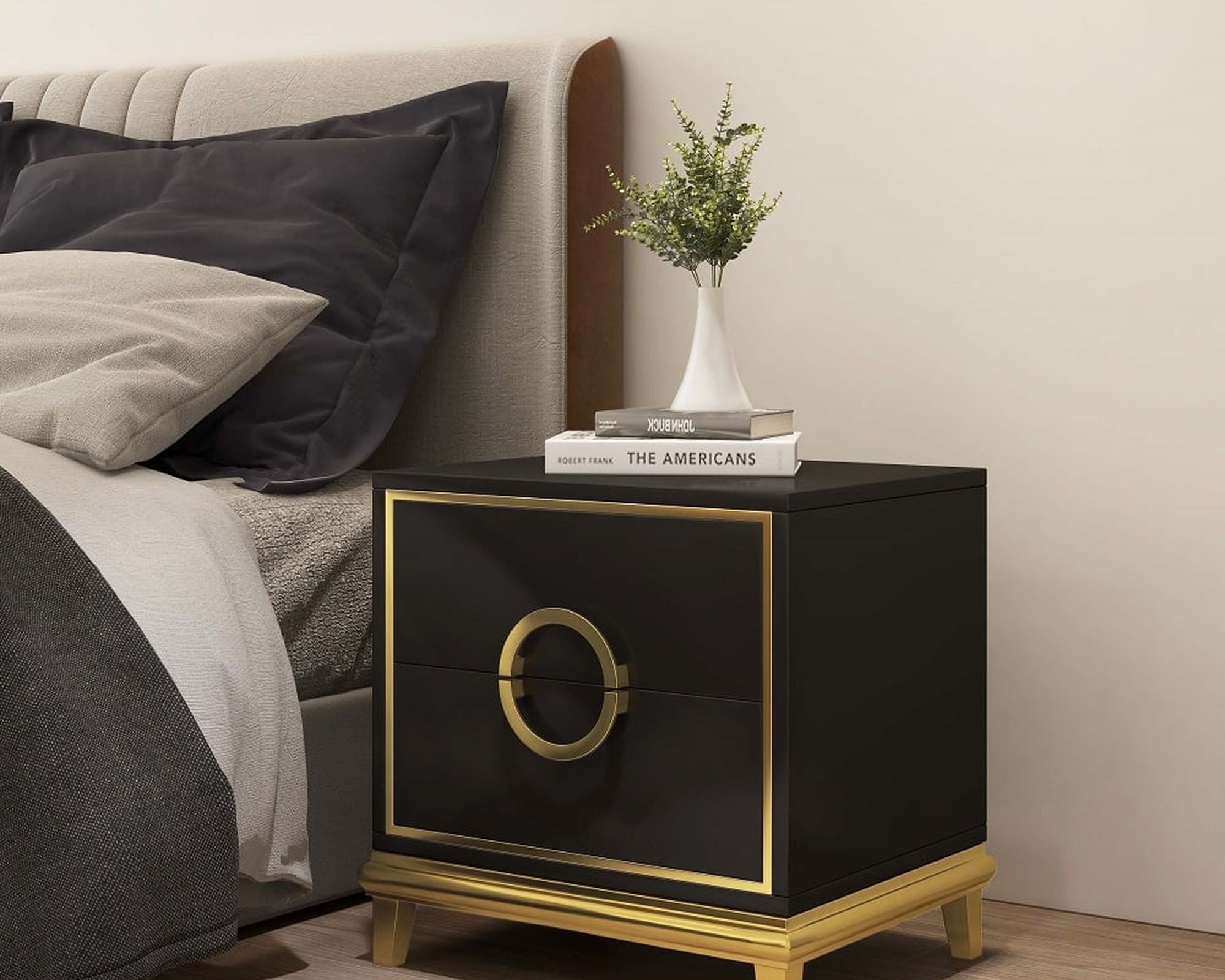 HMR Tile Modern Nightstand with 2 Drawers - Black