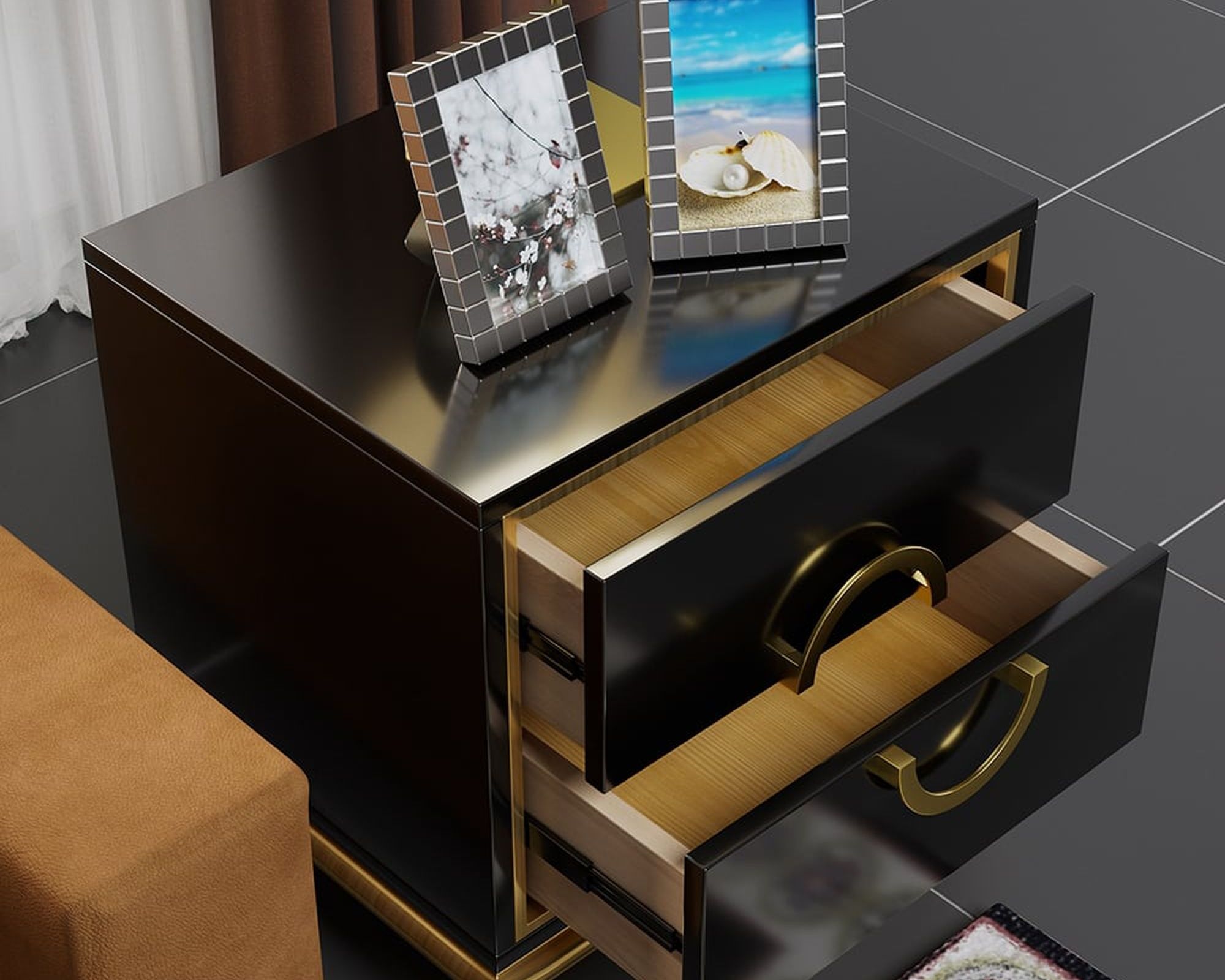 HMR Tile Modern Nightstand with 2 Drawers - Black