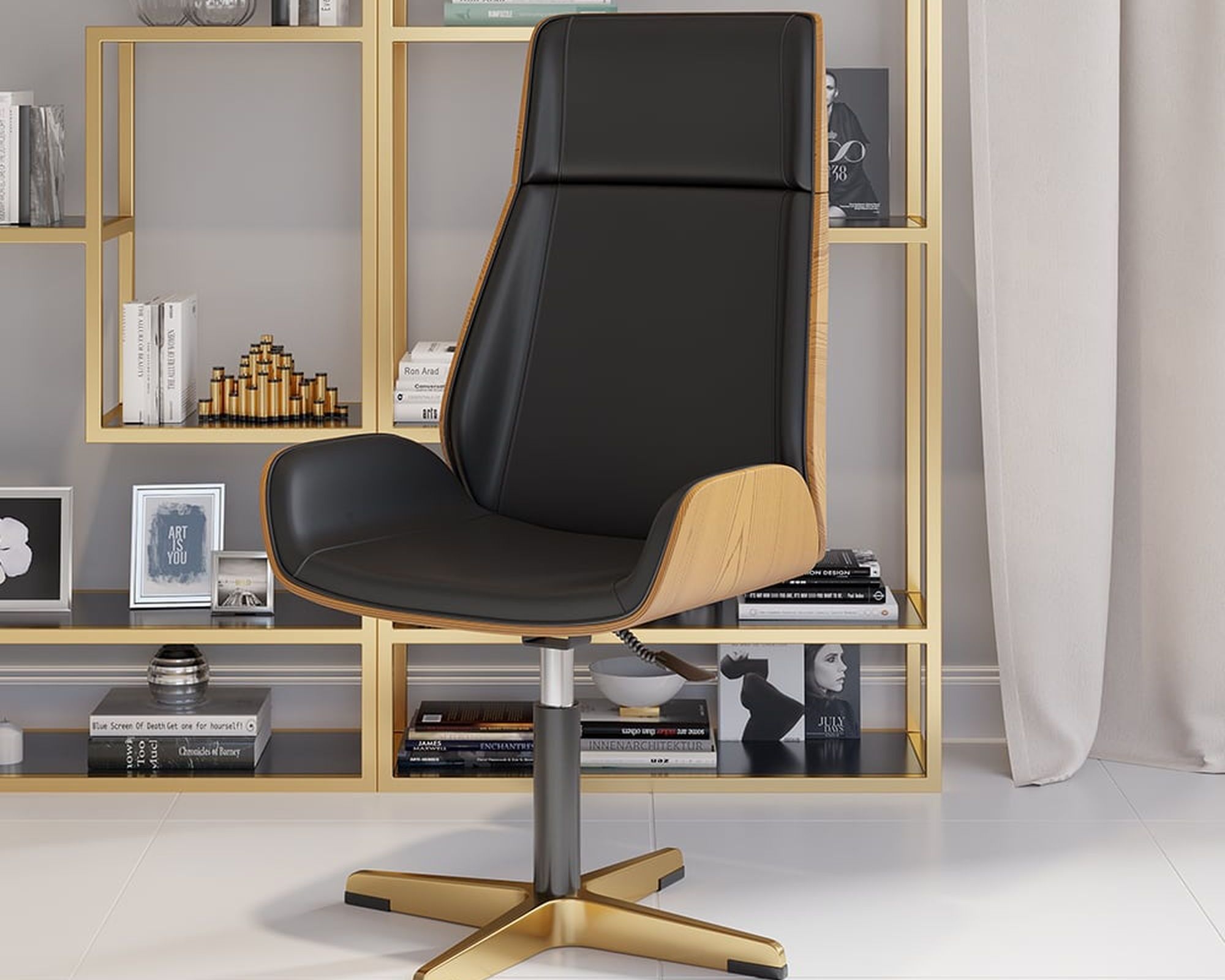 HMR Modern Home Office Chair with Upholstered High Back - Black, Leather