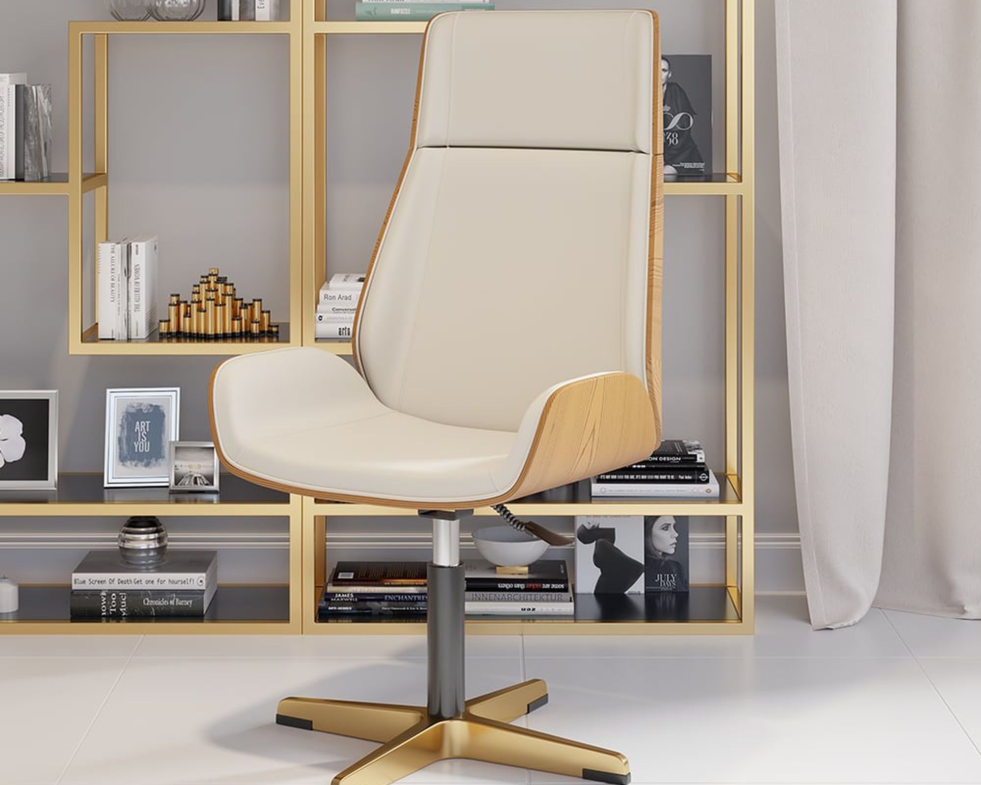 HMR Modern Home Office Chair with Upholstered High Back - Beige, Leather