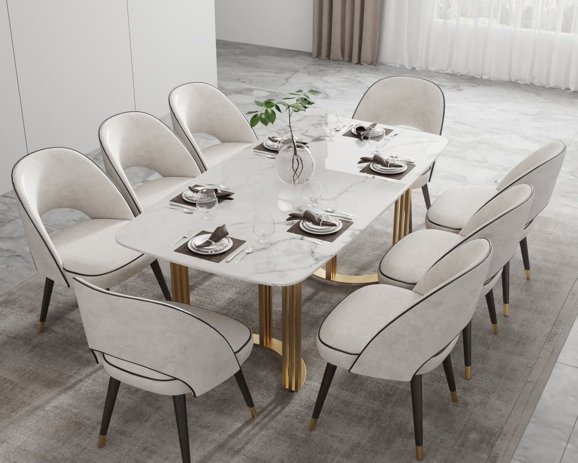 HMR Modern 79" Rectangle Dining Table for 4-6 People - Gold/White, Faux Marble